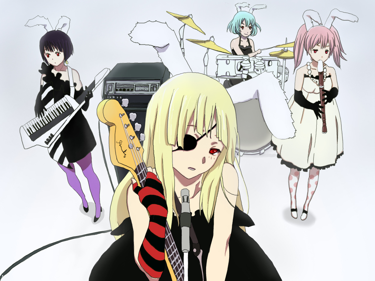 takizaking, chiester00, chiester410, chiester45, chiester556, chiester sisters, don't say "lazy", k-on!, umineko no naku koro ni, 4girls, black hair, blonde hair, blue hair, blunt bangs, eyepatch, guitar, hime cut, instrument, multiple girls, pantyhose, parody, pink hair