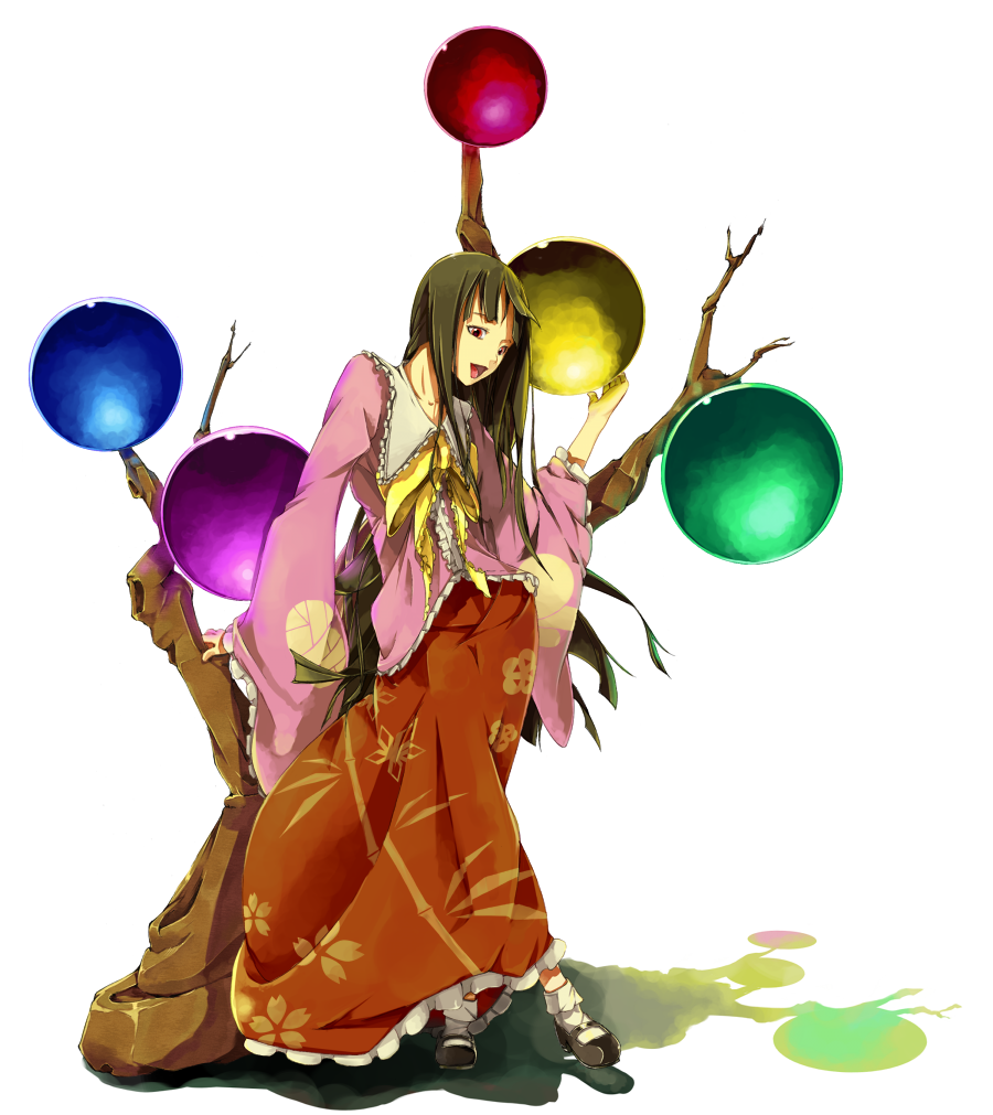 sousou (sousouworks), houraisan kaguya, touhou, 1girl, black hair, female focus, full body, japanese clothes, long hair, plant, red eyes, skirt, solo, white background