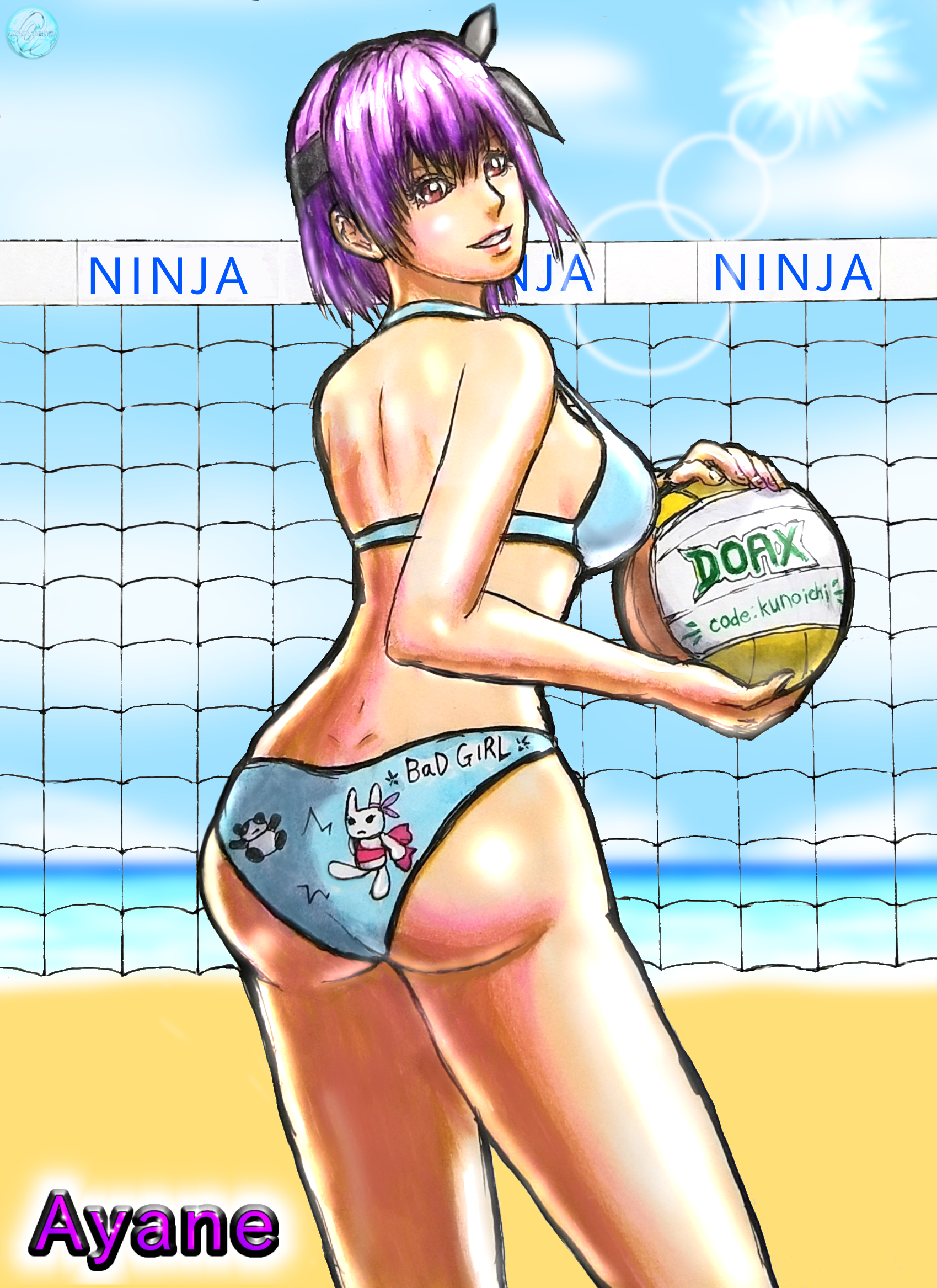 takahane (higher feather), ayane (doa), dead or alive, dead or alive xtreme, highres, 1girl, animal print, ass, ball, beach, beach volleyball, bear print, bikini, black ribbon, blue bikini, blush, breasts, brown eyes, clothes writing, cloud, from behind, grin, hair ribbon, hairband, holding, holding ball, large breasts, looking at viewer, looking back, ocean, panda print, print bikini, purple hair, rabbit print, ribbon, sand, short hair, sky, smile, standing, sun, swimsuit, teeth, volleyball, volleyball (object), volleyball net, water