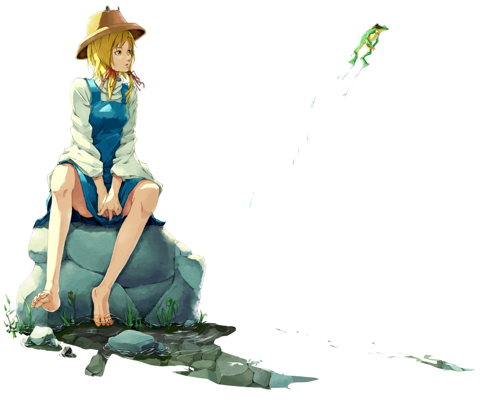 sousou (sousouworks), moriya suwako, touhou, looking away, 1girl, barefoot, blonde hair, blouse, dress, feet, female focus, frog, hair ribbon, hat, jumping, no pants, on rock, ribbon, rock, shadow, shirt, sitting, skirt, soaking feet, solo, twintails, v arms, water, white shirt