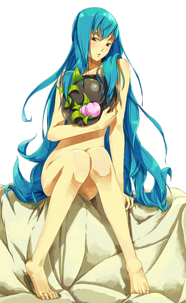 sousou (sousouworks), hinanawi tenshi, touhou, bad id, bad pixiv id, 1girl, bad anatomy, bad feet, barefoot, blue hair, covering privates, feet, female focus, food, fruit, full body, hat, holding, holding unworn hat, long hair, nude, nude cover, peach, poorly drawn, sitting, solo, unworn hat, unworn headwear