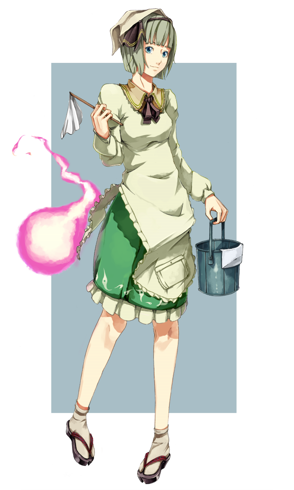 sousou (sousouworks), konpaku youmu, konpaku youmu (ghost), touhou, silver hair, 1girl, bucket, dress, female focus, full body, hitodama, maid, okobo, platform sandals, sandals, short hair, skirt, solo, standing, tabi