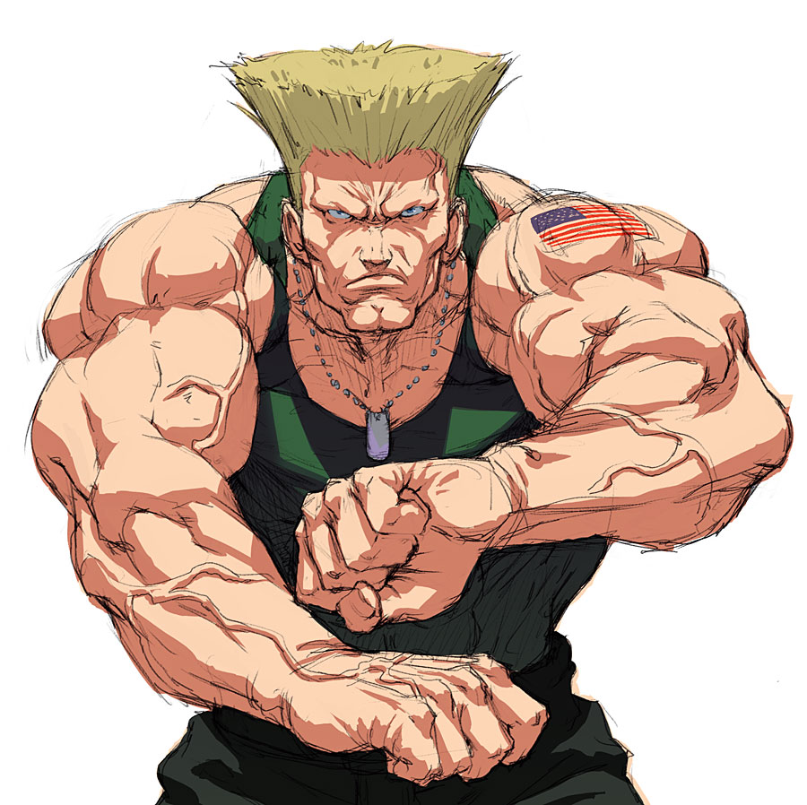 chyko, guile, capcom, street fighter, american flag, american flag tattoo, blonde hair, flattop, male focus, muscular, shoulder tattoo, solo, tattoo