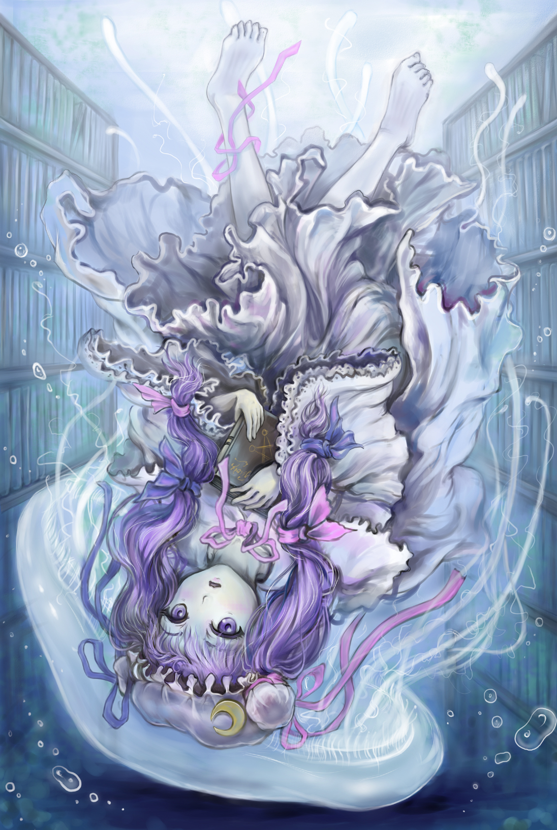 sai-go, patchouli knowledge, touhou, highres, 1girl, barefoot, book, bubble, feet, female focus, hat, jellyfish, library, makeup, ribbon, solo, underwater, upside-down, voile