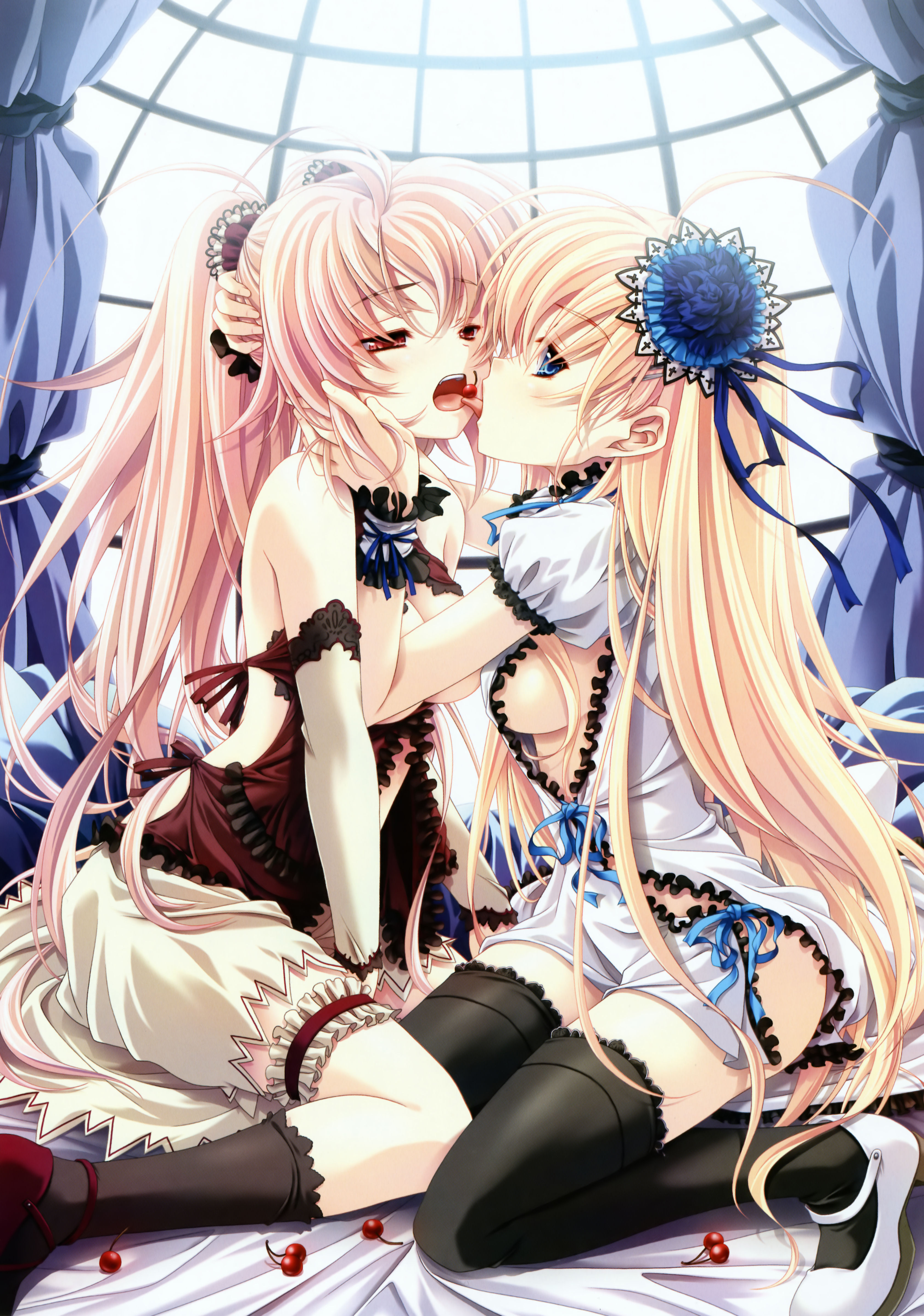 miyama-zero, absurdres, highres, 2girls, antenna hair, bed, black thighhighs, blonde hair, blue eyes, blush, breasts, cherry, curtains, food, frilled thigh strap, frills, from side, fruit, hair ornament, hand on another's face, hand on another's head, imminent kiss, indoors, kiss, kneeling, lolita fashion, long hair, looking at another, looking at viewer, mary janes, medium breasts, mouth hold, multiple girls, no bra, open mouth, pink hair, ponytail, red eyes, ribbon, shoes, sideboob, sitting, thigh strap, thighhighs, tongue, very long hair, window, wrist cuffs, yuri, zettai ryouiki