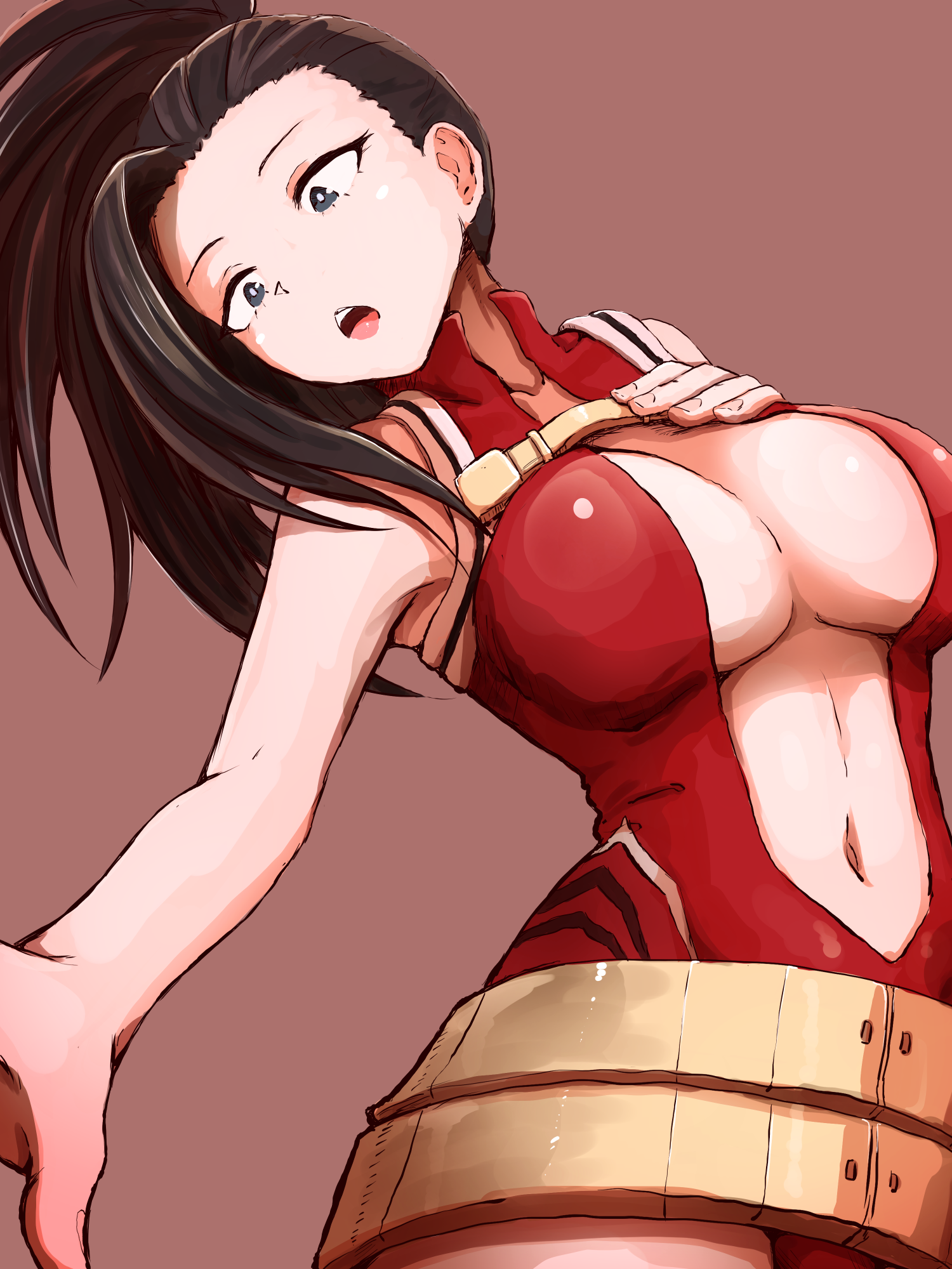 cutterhappa, yaoyorozu momo, boku no hero academia, 1girl, black eyes, black hair, breasts, center opening, female focus, large breasts, leotard, matching hair/eyes, red leotard, solo, superhero costume