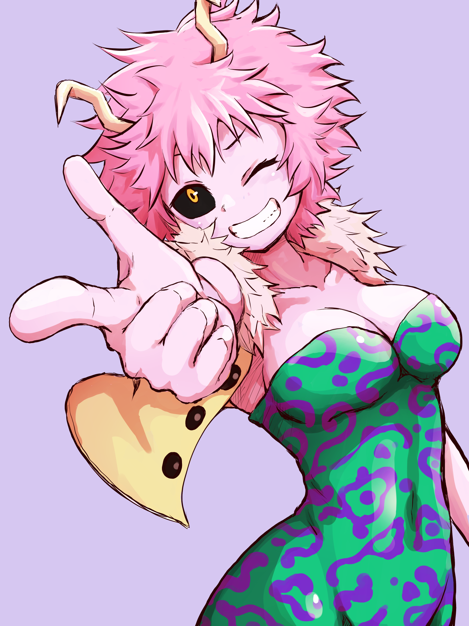 cutterhappa, ashido mina, boku no hero academia, 1girl, aqua bodysuit, bodysuit, breasts, cleavage, colored skin, covered navel, female focus, horns, large breasts, multicolored bodysuit, pink skin, solo, superhero costume, wide hips, yellow horns