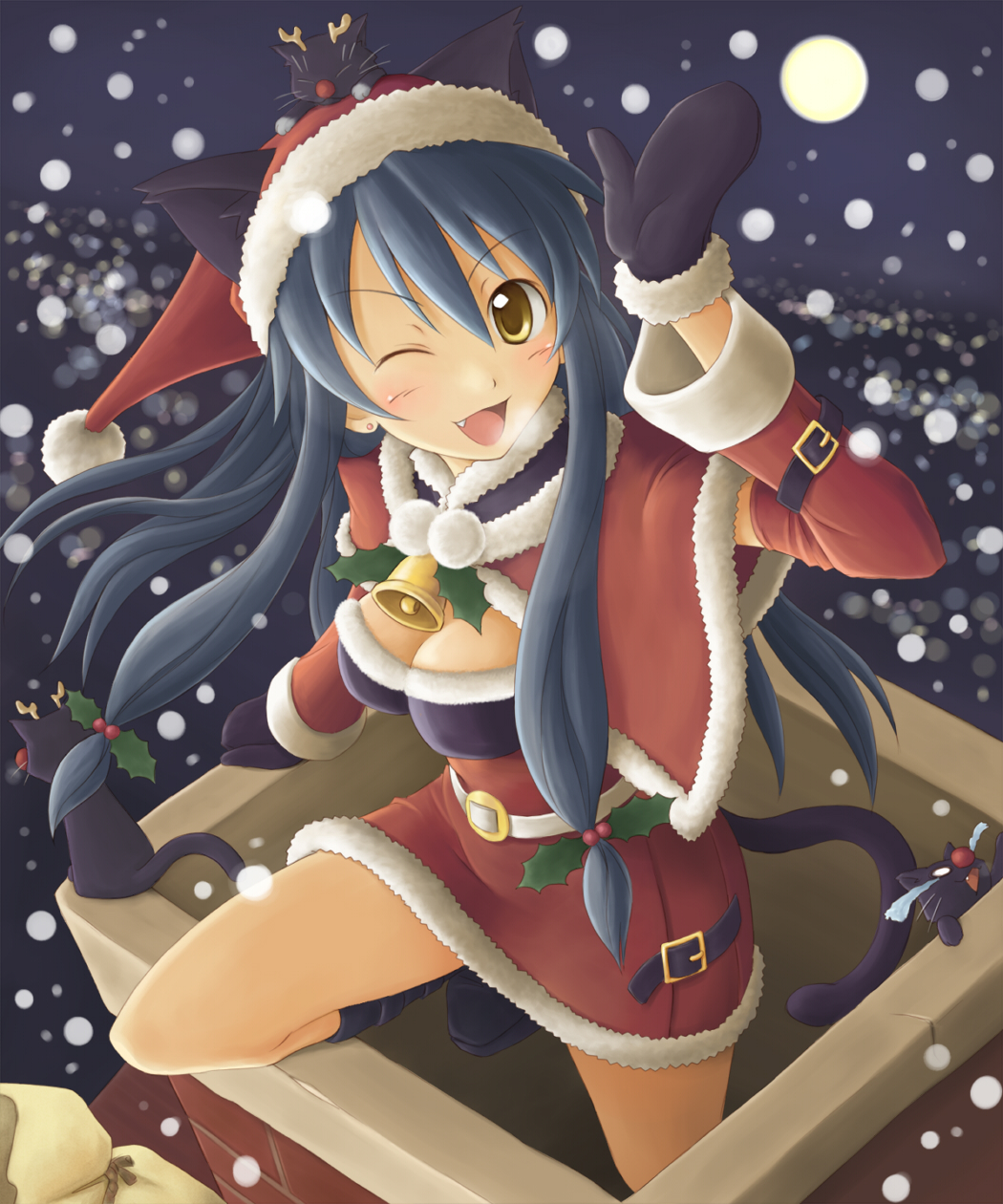 satogo, original, bad id, bad pixiv id, highres, 1girl, animal ears, blue hair, cat, fang, female focus, full moon, gloves, hat, moon, one eye closed, santa costume, solo, wink