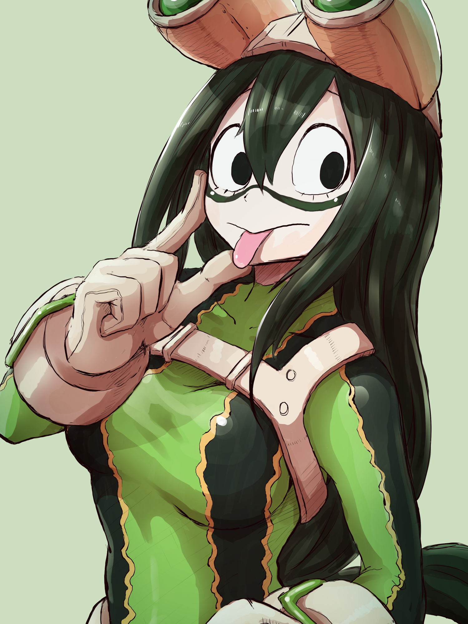 cutterhappa, asui tsuyu, boku no hero academia, 1girl, asui tsuyu (hero outfit), black eyes, bodysuit, breasts, female focus, gloves, goggles, goggles on head, green bodysuit, green hair, large breasts, long hair, low-tied long hair, solo, superhero costume, tongue, tongue out, white gloves