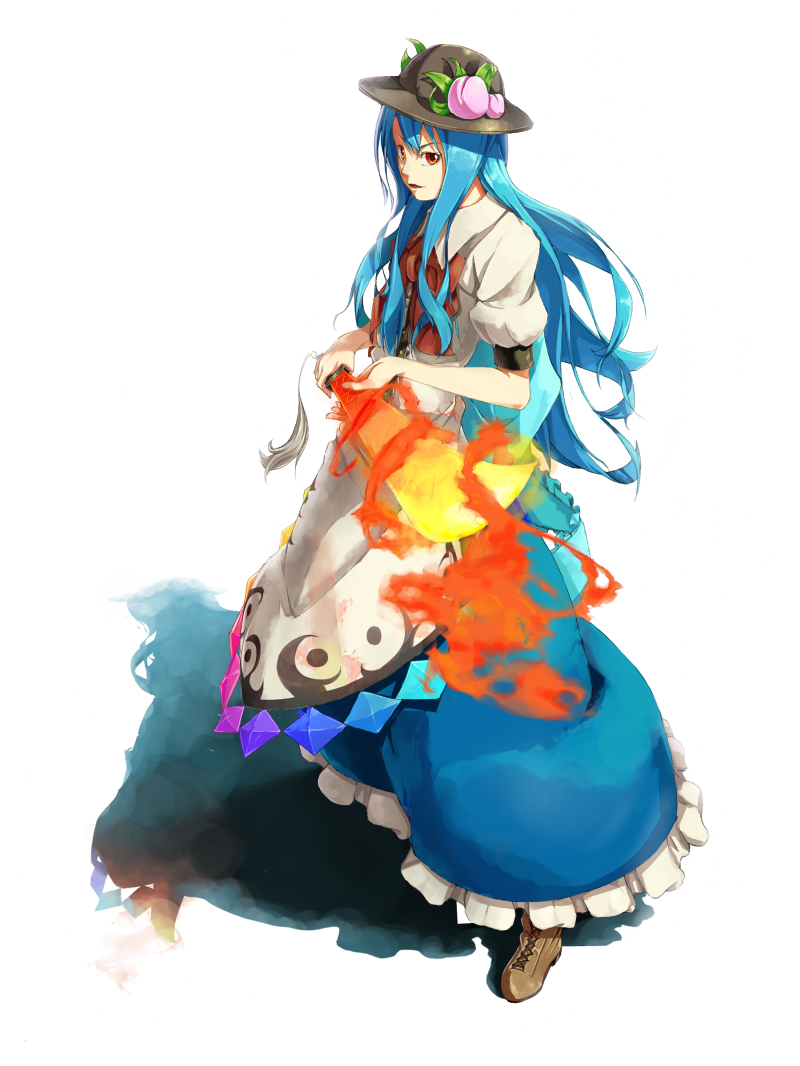 sousou (sousouworks), hinanawi tenshi, touhou, 1girl, blue hair, boots, dress, female focus, food, foreshortening, fruit, full body, hat, long hair, peach, skirt, solo, sword, sword of hisou, weapon, white background