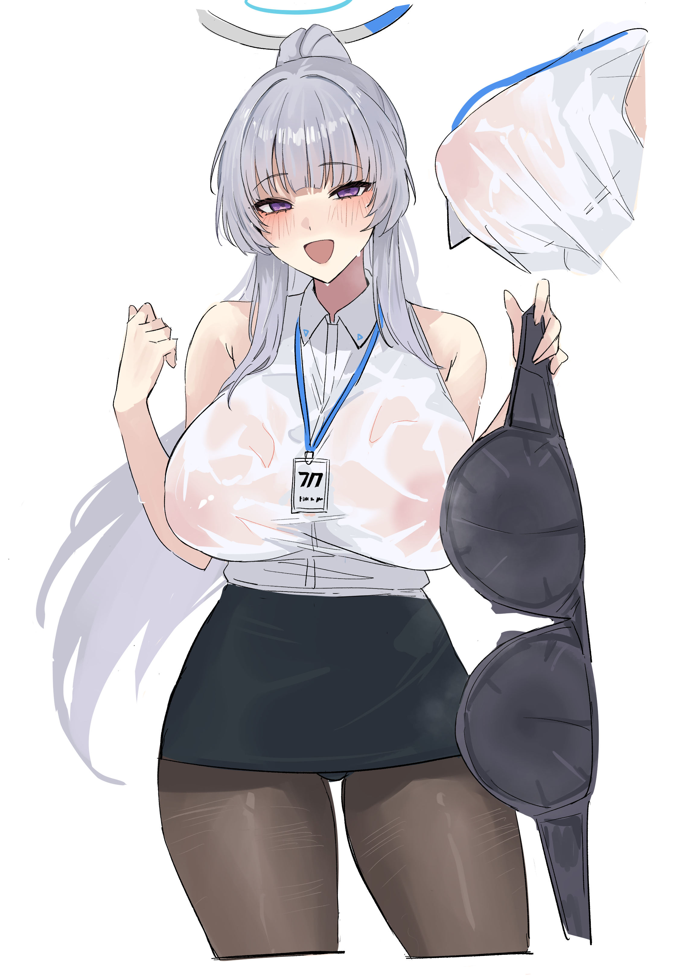 hangetsu15, noa (blue archive), blue archive, absurdres, commentary, english commentary, highres, 1girl, black bra, black pantyhose, black skirt, blush, bra, breasts, covered erect nipples, grey hair, halo, id card, large breasts, long hair, looking at viewer, mechanical halo, multiple views, open mouth, pantyhose, pencil skirt, ponytail, purple eyes, see-through clothes, see-through shirt, shirt, simple background, skirt, smile, solo, underwear, unworn bra, wet, wet clothes, wet shirt, white background, white shirt