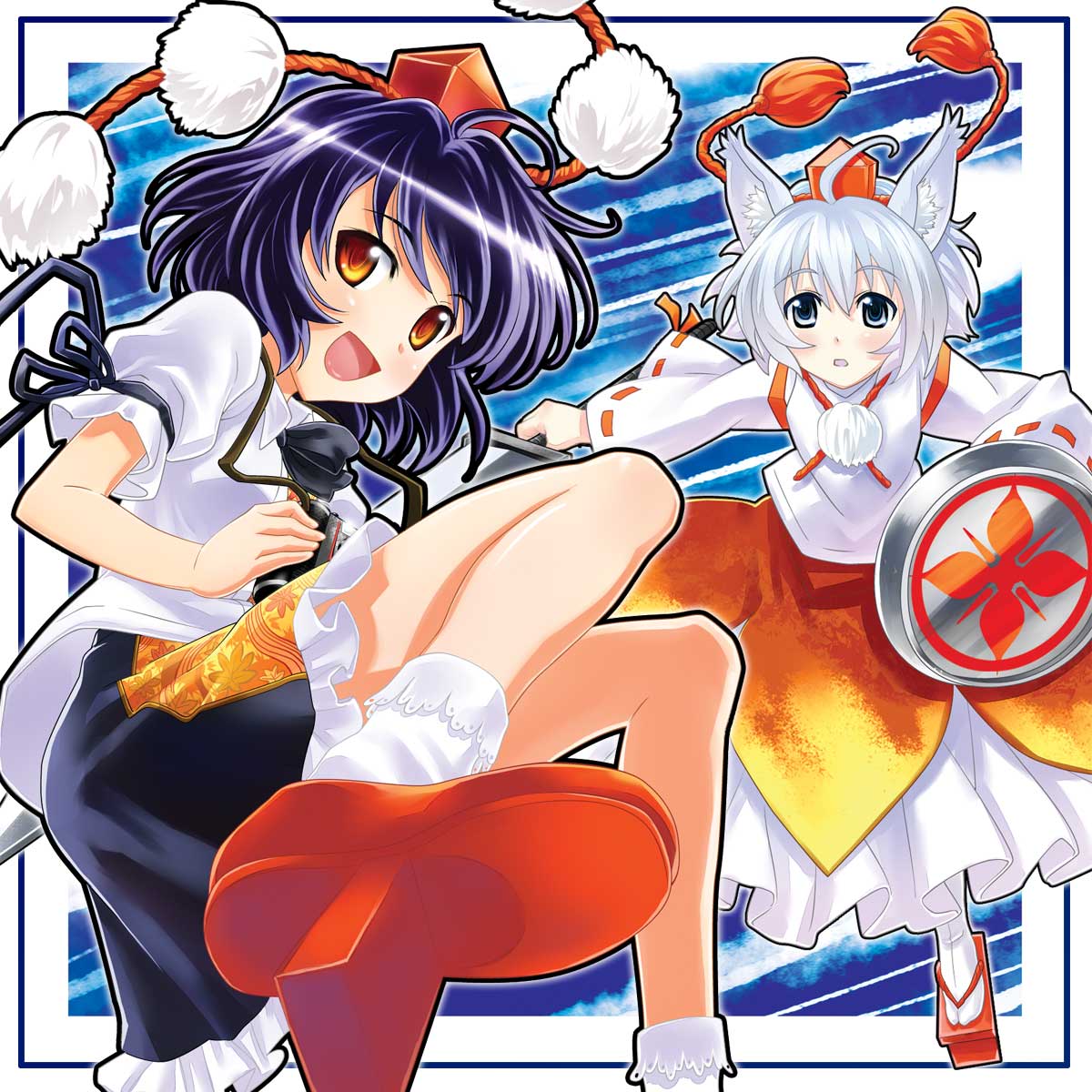 sakino shingetsu, inubashiri momiji, shameimaru aya, touhou, commentary request, highres, 2girls, animal ears, black hair, camera, female focus, geta, hat, multiple girls, shield, short hair, sword, tengu-geta, tokin hat, weapon, white hair, wolf ears