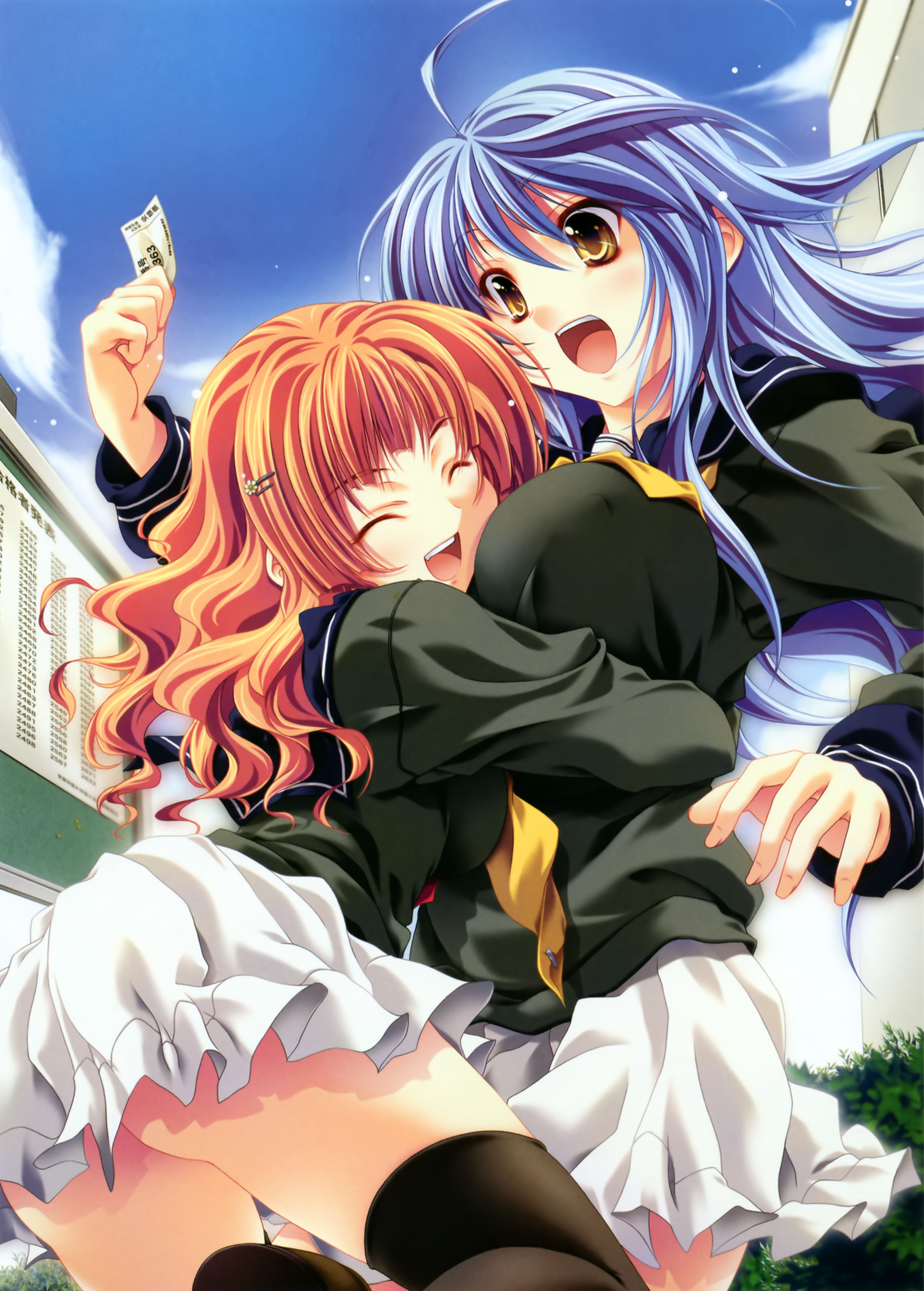 miyama-zero, absurdres, highres, 2girls, ahoge, blue hair, breasts, closed eyes, hug, large breasts, multiple girls, open mouth, orange hair, school uniform, smile, thighhighs, yellow eyes