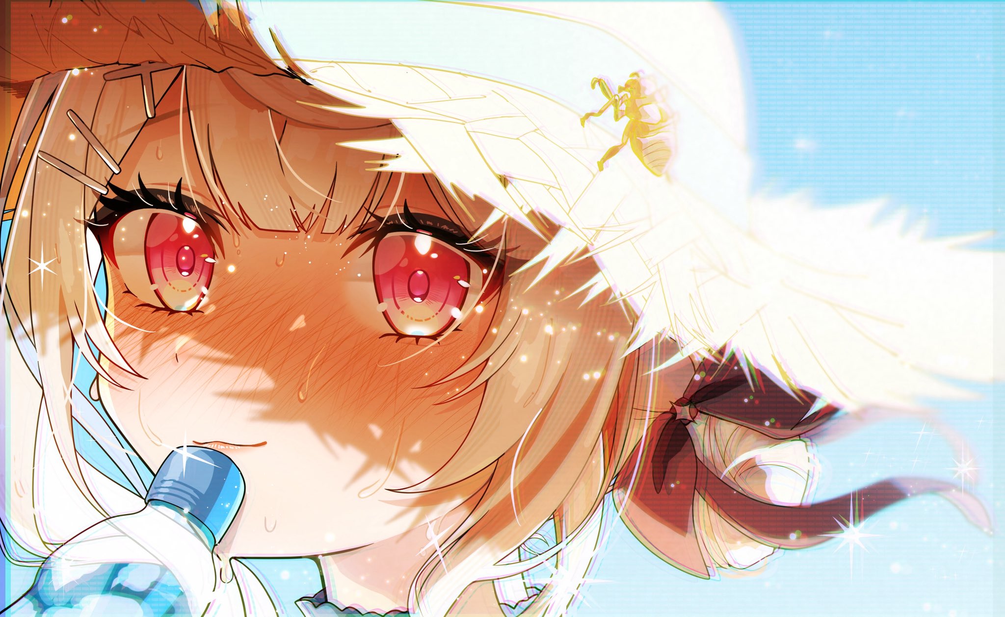 hosupi, fuwawa abyssgard, hololive, hololive english, highres, 1girl, blunt bangs, bottle, close-up, hair bun, hair ornament, hair ribbon, hairclip, hat, looking at viewer, ribbon, shaded face, solo, sparkle, sun hat, sweatdrop, water bottle
