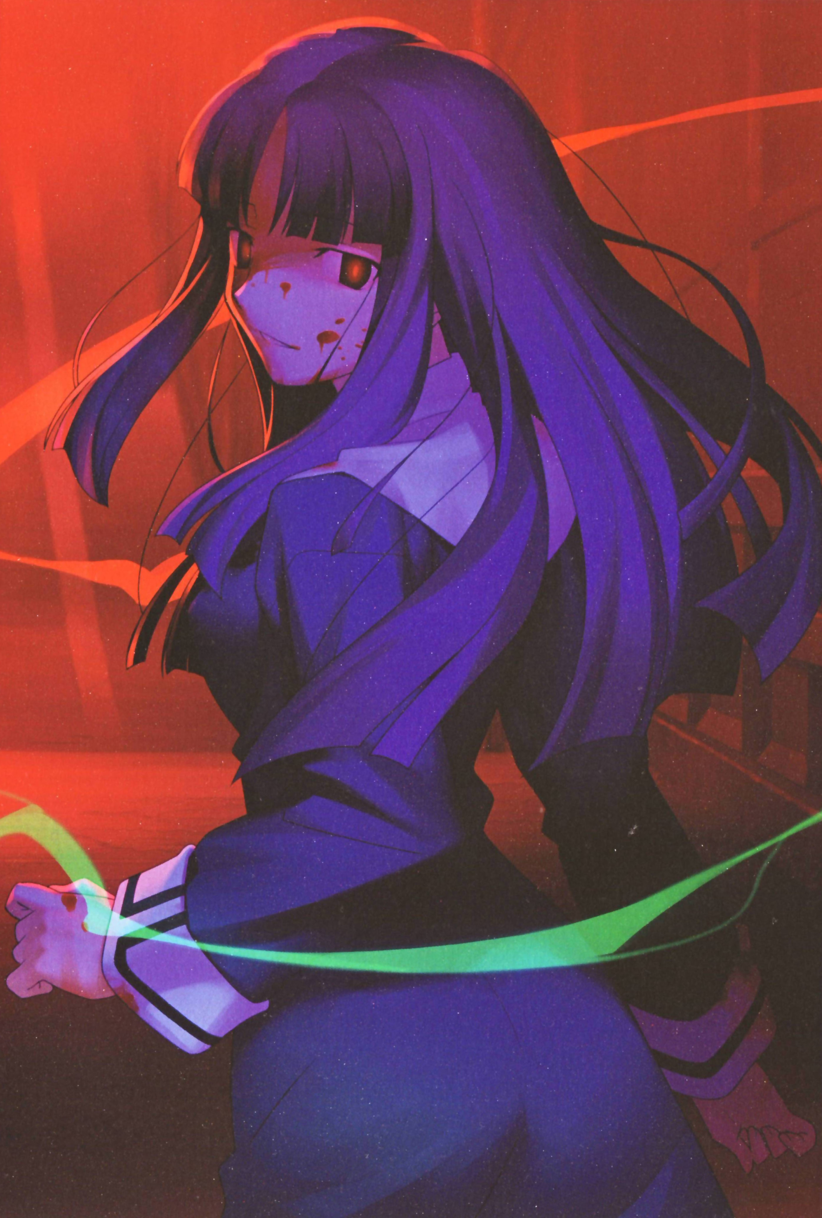 takeuchi takashi, asagami fujino, kara no kyoukai, absurdres, highres, scan, 1girl, blood, blood on clothes, blood on face, blood on hands, blunt bangs, cowboy shot, female focus, glowing, red background, reien girl's academy school uniform, school uniform, solo