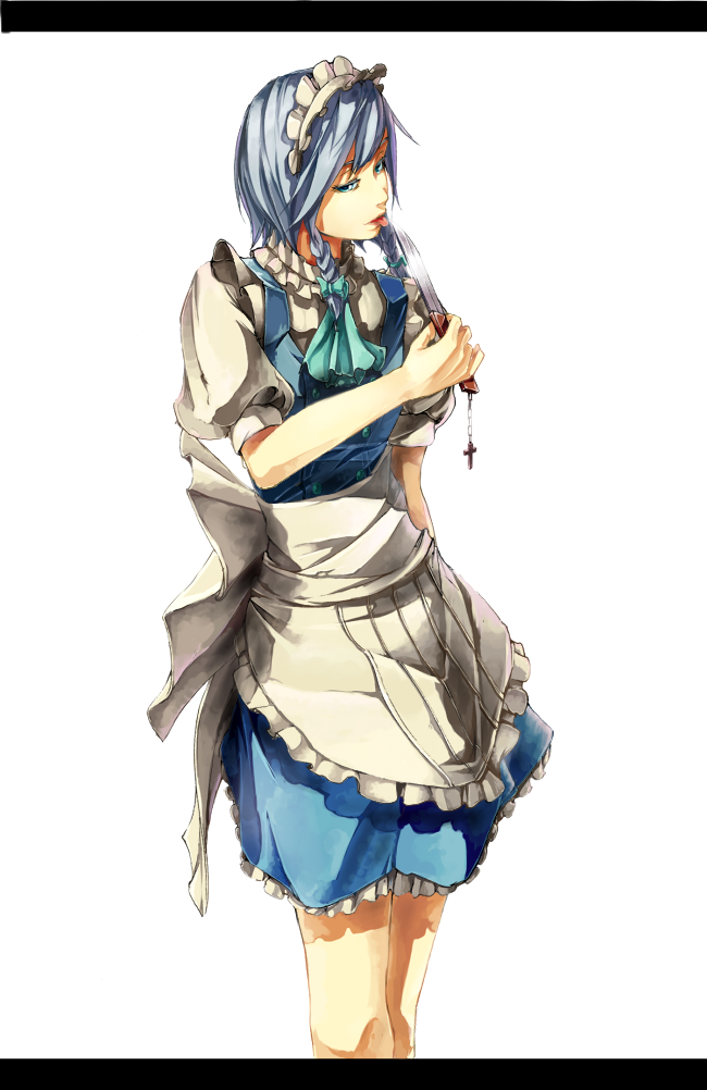 sousou (sousouworks), izayoi sakuya, touhou, silver hair, 1girl, blue eyes, blue hair, braid, female focus, hairband, knife, letterboxed, licking, maid, matching hair/eyes, solo, throwing knife, twin braids, weapon, white background
