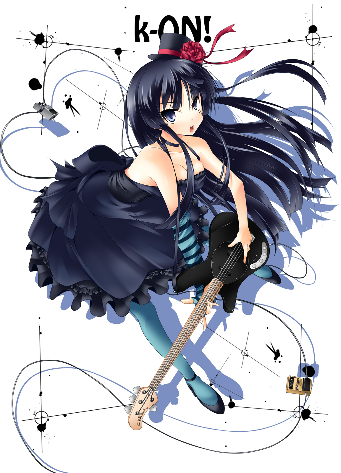 nana (732 kaiten), akiyama mio, don't say "lazy", k-on!, highres, 00s, 1girl, bass guitar, black hair, blue pantyhose, breasts, cleavage, dress, elbow gloves, female focus, fingerless gloves, flower, gloves, guitar, hat, heart, instrument, long hair, mini hat, mini top hat, pantyhose, rose, solo, top hat