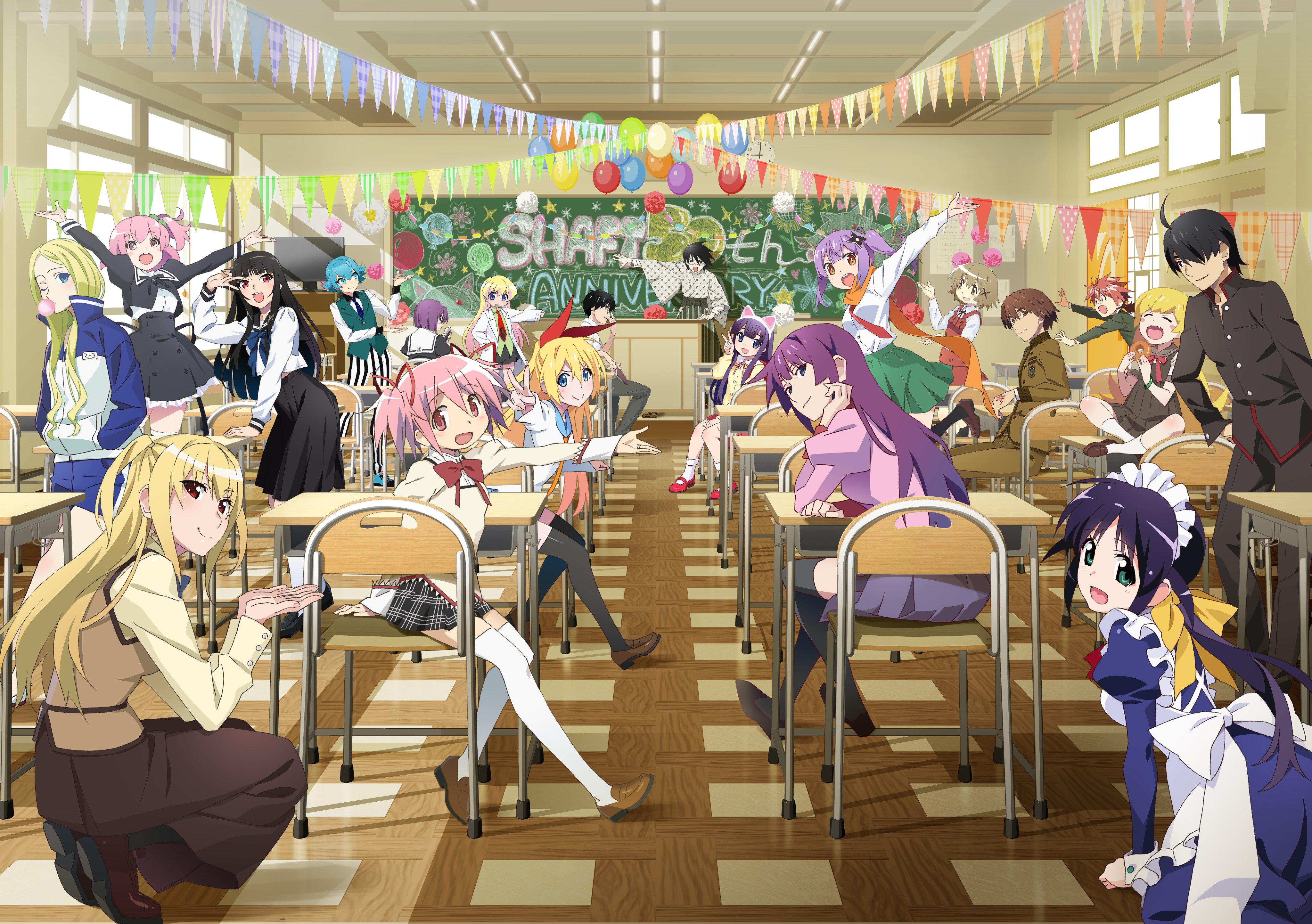 watanabe akio, andou mahoro, araragi koyomi, hazuki (tsukuyomi), hitotsuyanagi riri, itoshiki nozomu, kaname madoka, kiriyama rei, kishinami hakuno (male), kusagakure satoko, negi springfield, nino (arakawa), oshino shinobu, senjougahara hitagi, shidou mariya, shindou chihiro, soutouin manabu, yuno (hidamari sketch), arakawa under the bridge, assault lily, bishounen series, ef (visual novel), fate/extra, fate/extra last encore, fate (series), hidamari sketch, mahoromatic, mahou sensei negima!, mahou shoujo madoka magica, maria holic, monogatari (series), ninja to koroshiya no futarigurashi, sangatsu no lion, sayonara zetsubou sensei, tsukuyomi moonphase, absurdres, commentary request, highres, key visual, official art, promotional art, second-party source, 4boys, 6+girls, adjusting eyewear, anniversary, arm up, arms up, balloon, black skirt, black thighhighs, blonde hair, blue hair, blush stickers, book, brown eyes, brown hair, brown skirt, chair, classroom, company connection, crossover, desk, donut, food, glasses, green skirt, holding, holding book, holding donut, holding food, indoors, juliet sleeves, jumping, loafers, long hair, long sleeves, looking at viewer, looking back, multiple boys, multiple crossover, multiple girls, on chair, on desk, one side up, orange eyes, orange scarf, outstretched arm, pants, pennant, pink eyes, pink hair, pink shirt, plaid clothes, plaid skirt, pleated skirt, puffy sleeves, purple hair, scarf, school chair, school desk, school uniform, shaft (company), shirt, shoes, short hair, short sleeves, short twintails, side ponytail, sitting, skirt, smile, squatting, string of flags, striped clothes, striped pants, thighhighs, trap, twintails, white shirt, white thighhighs, window