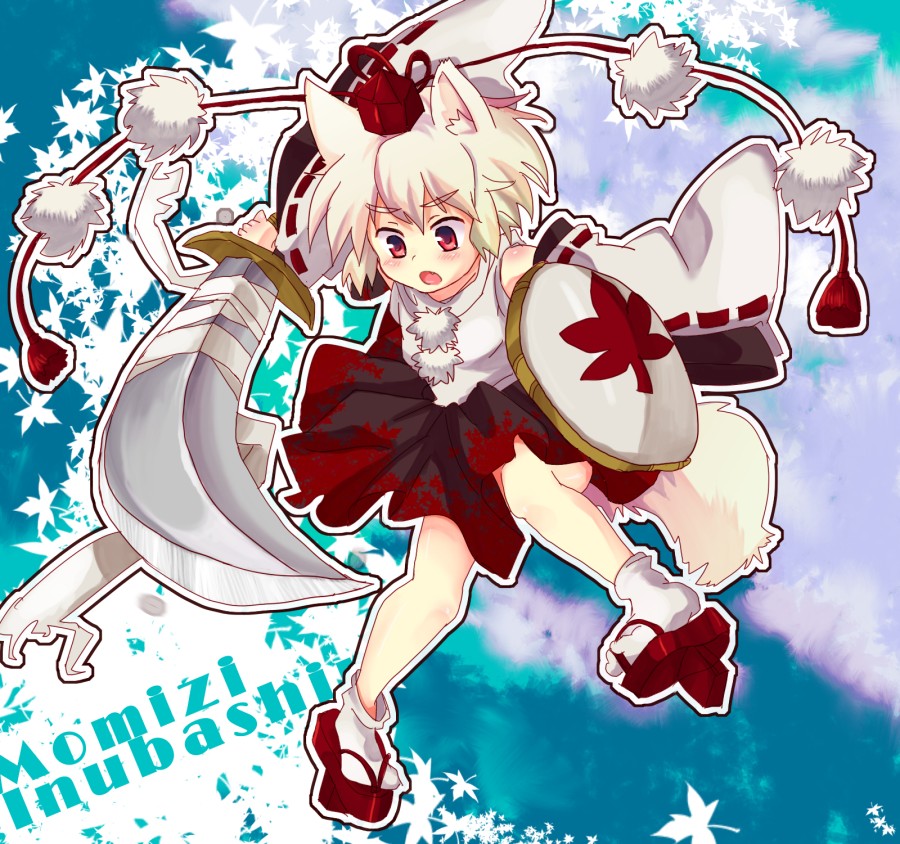 9999 (artist), kajio (maburo), inubashiri momiji, touhou, silver hair, 1girl, animal ears, character name, detached sleeves, female focus, geta, hat, kunreishiki, red eyes, romaji text, shield, solo, sword, tail, tengu-geta, tokin hat, weapon, wolf ears, wolf tail