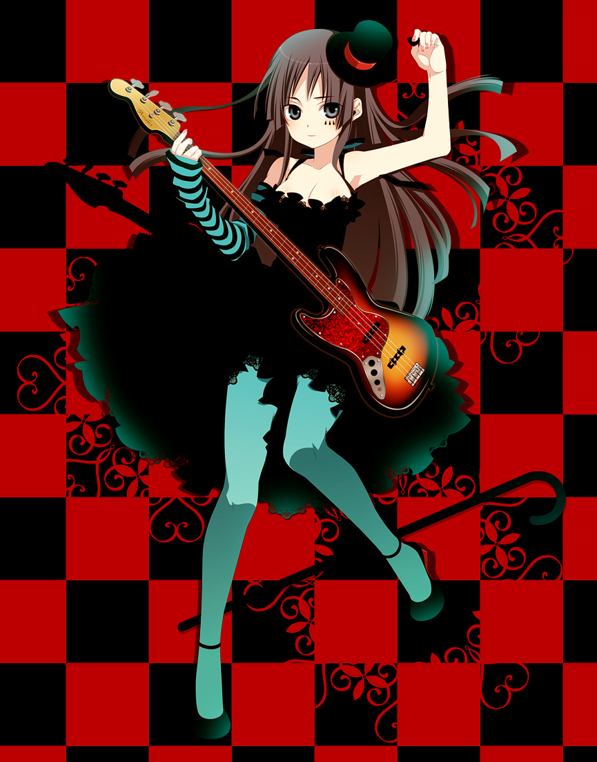 8055, akiyama mio, don't say "lazy", k-on!, 00s, 1girl, asymmetrical clothes, bare shoulders, bass guitar, black hair, blue pantyhose, blunt bangs, breasts, cane, cleavage, detached sleeves, dress, facepaint, female focus, gloves, grey eyes, guitar, hat, hime cut, instrument, long hair, mini hat, mini top hat, pantyhose, plectrum, single glove, solo, striped sleeves, top hat