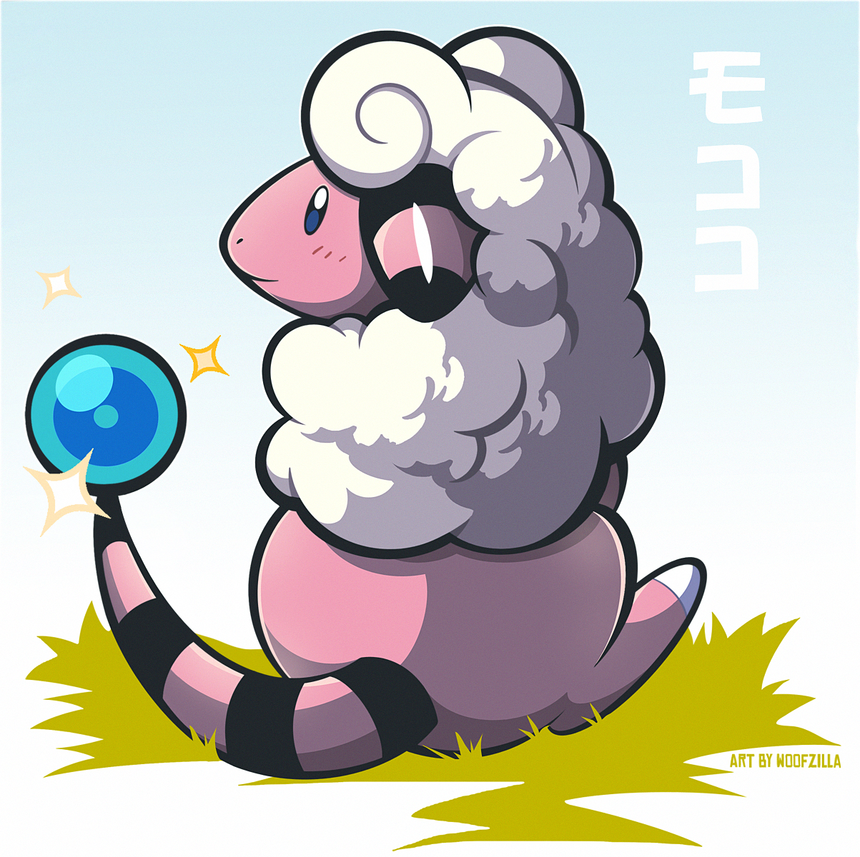 woofzilla, flaaffy, nintendo, pokemon, commentary, english commentary, highres, translation request, animal focus, artist name, bright pupils, closed mouth, full body, gen 2 pokemon, grass, no humans, pokemon (creature), simple background, sitting, smile, solo, sparkle, white pupils