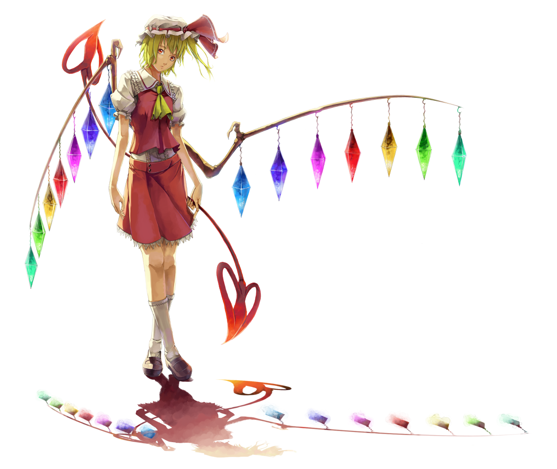 sousou (sousouworks), flandre scarlet, touhou, 1girl, blonde hair, crossed legs, dress, female focus, full body, hat, laevatein, one side up, reflection, ribbon, shadow, short hair, side ponytail, skirt, socks, solo, standing, tail, wings