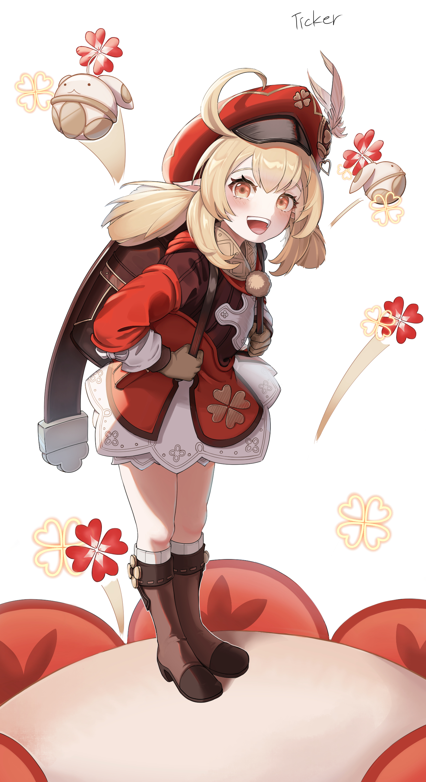 ticker (kks2ksy), klee (genshin impact), genshin impact, absurdres, highres, 1girl, backpack, bag, blonde hair, boots, brown boots, dress, hat, looking at viewer, pointy ears, red dress, red eyes, red hat, simple background, smile, solo, white background