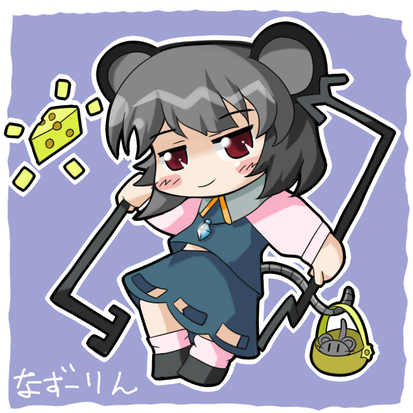 nanase yuki, nazrin, touhou, 1girl, animal ears, basket, chibi, female focus, full body, grey hair, mouse (animal), solo, tail