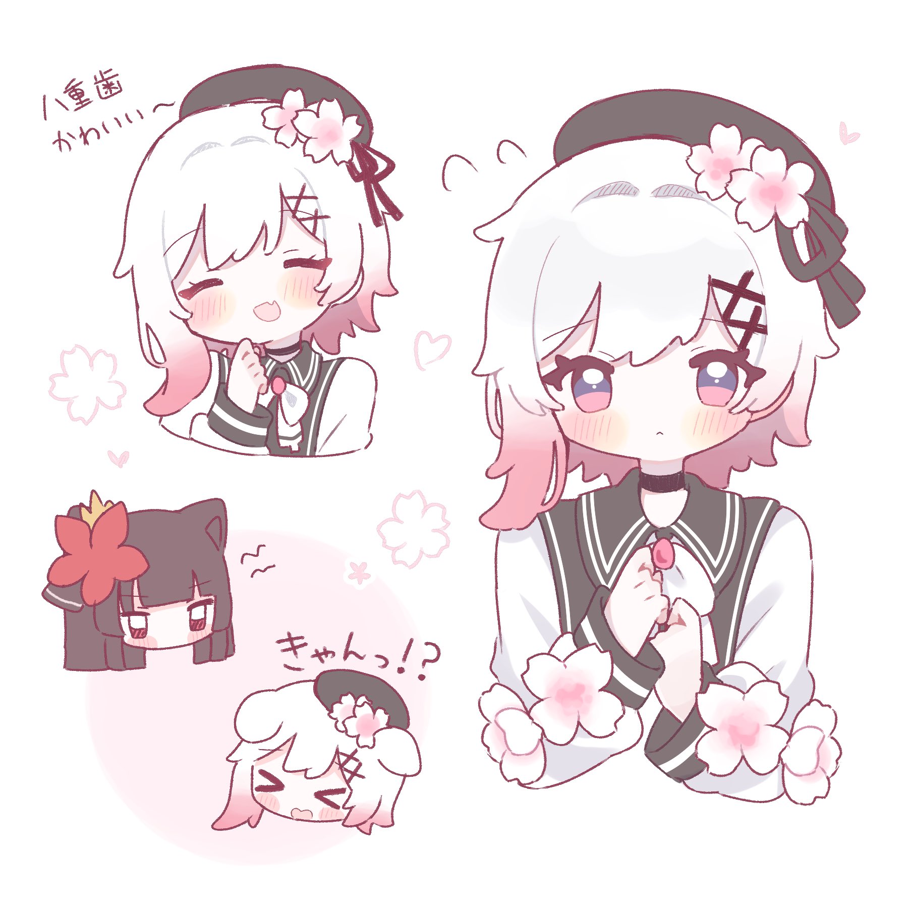 nikaido hiro, sakuraba ema, mahou shoujo no majo saiban, commentary request, highres, translation request, 2girls, ^ ^, animal ears, beret, black hat, cat ears, chibi, closed eyes, closed mouth, dog ears, flower, flying sweatdrops, gradient hair, hair flower, hair ornament, hands up, hat, long sleeves, looking at viewer, multicolored hair, multiple girls, multiple views, open mouth, pink eyes, pink hair, pon (pp 0u0), short hair, simple background, smile, upper body, white background, white flower, white hair, x hair ornament
