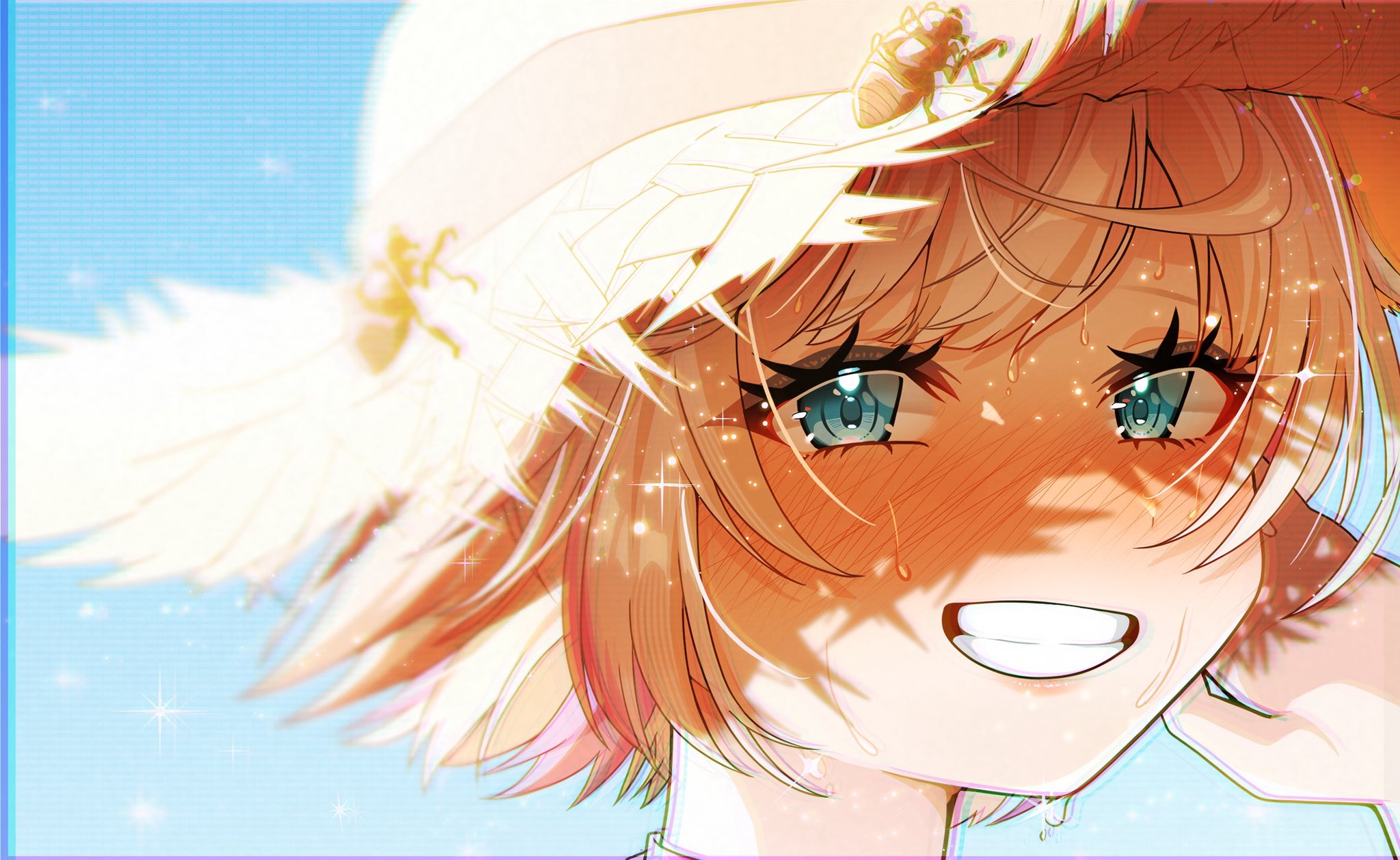 hosupi, fuwawa abyssgard, hololive, hololive english, highres, 1girl, beetle, blonde hair, blue eyes, bug, close-up, grin, hat, insect, looking at viewer, multicolored hair, short hair, smile, solo, streaked hair, sun hat, sweat
