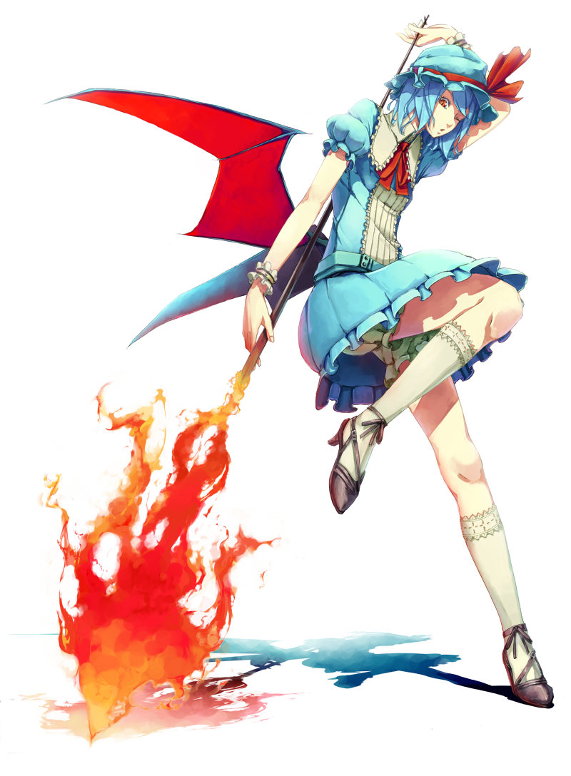 sousou (sousouworks), remilia scarlet, touhou, 1girl, alternate color, blue hair, dress, female focus, fire, full body, polearm, skirt, solo, spear, spear the gungnir, weapon, wings