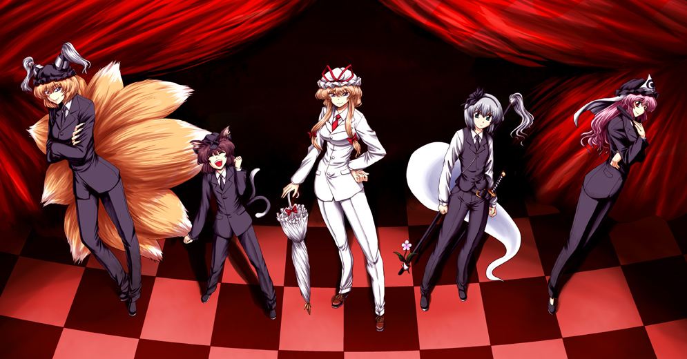 miyamoto ryuuichi, chen, konpaku youmu, konpaku youmu (ghost), saigyouji yuyuko, yakumo ran, yakumo yukari, advent cirno, touhou, silver hair, 5girls, alternate costume, animal ears, animal hat, checkered floor, contemporary, female focus, formal clothes, hair ribbon, hat, katana, long hair, long sleeves, mob cap, multiple girls, pant suit, pants, parasol, pink hair, ribbon, short hair, suit, sword, tail, tassel, umbrella, weapon