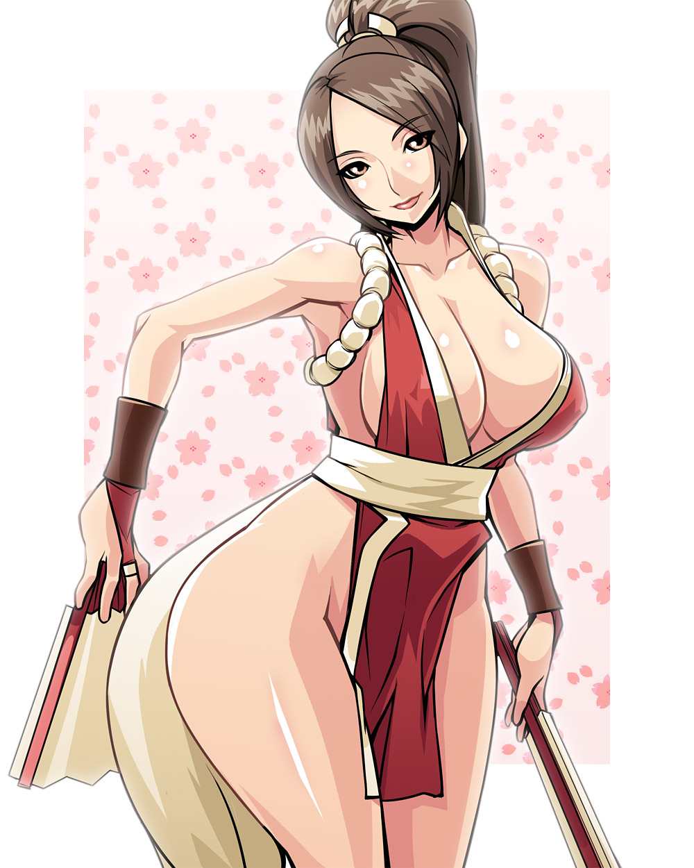 nek, shiranui mai, fatal fury, snk, the king of fighters, highres, 1girl, armpits, breasts, cleavage, curvy, female focus, folded fan, folding fan, hand fan, highleg, hip focus, large breasts, loincloth, long hair, pelvic curtain, ponytail, revealing clothes, rope, solo, wide hips