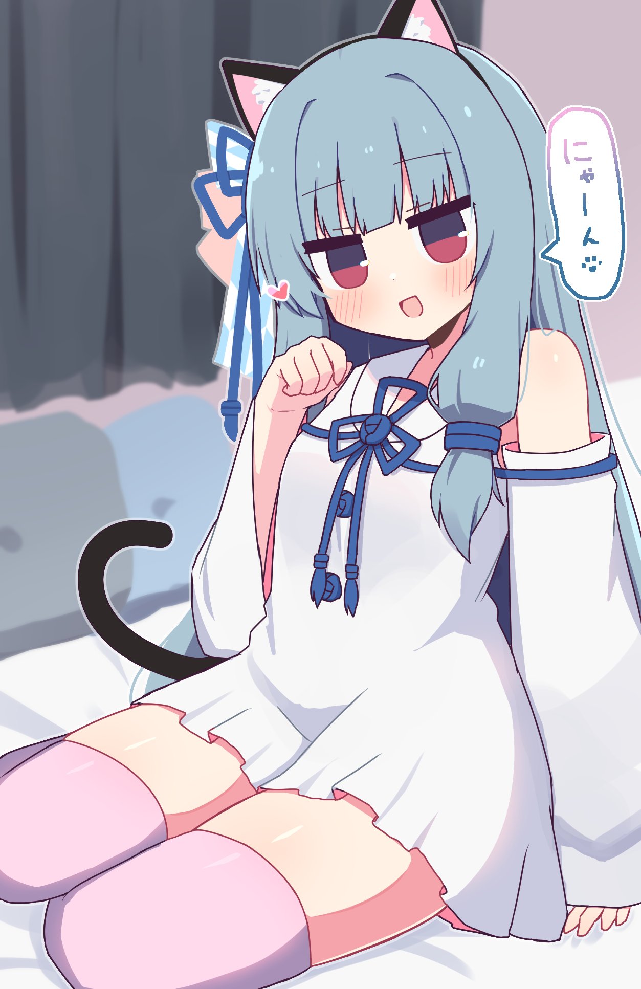 hibino 000, kotonoha aoi, voiceroid, commentary, highres, translated, 1girl, :d, animal ear fluff, animal ears, bare shoulders, blue hair, blunt bangs, blush, cat ears, cat girl, cat tail, detached sleeves, dress, hair ribbon, hand up, heart, kemonomimi mode, long hair, long sleeves, looking at viewer, nyan, open mouth, paw pose, pink thighhighs, red eyes, red ribbon, ribbon, sitting, smile, solo, tail, thighhighs, white dress, white sleeves, wide sleeves