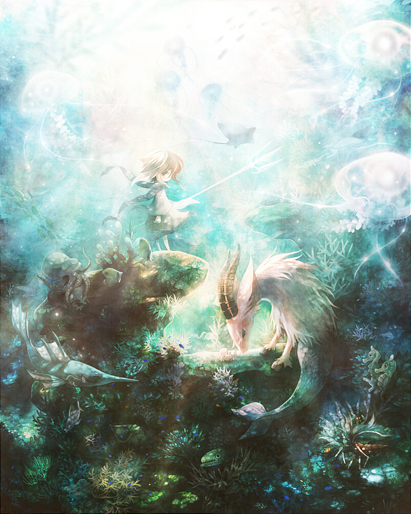 sui (petit comet), bad id, bad pixiv id, fantasy, fish, horns, jellyfish, polearm, scarf, short hair, skirt, spear, trident, underwater, weapon