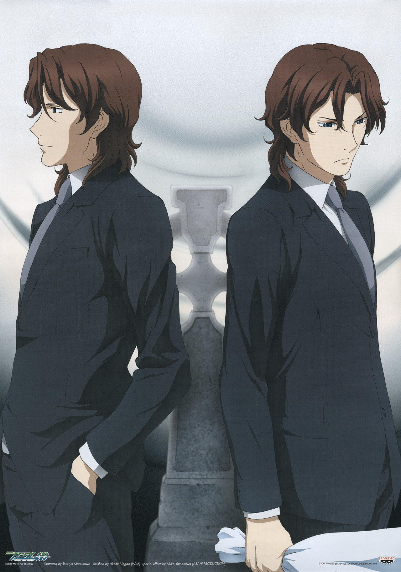 matsukawa tetsuya, lockon stratos, lyle dylandy, neil dylandy, gundam, gundam 00, highres, official art, scan, 00s, 2boys, formal clothes, male focus, multiple boys, suit