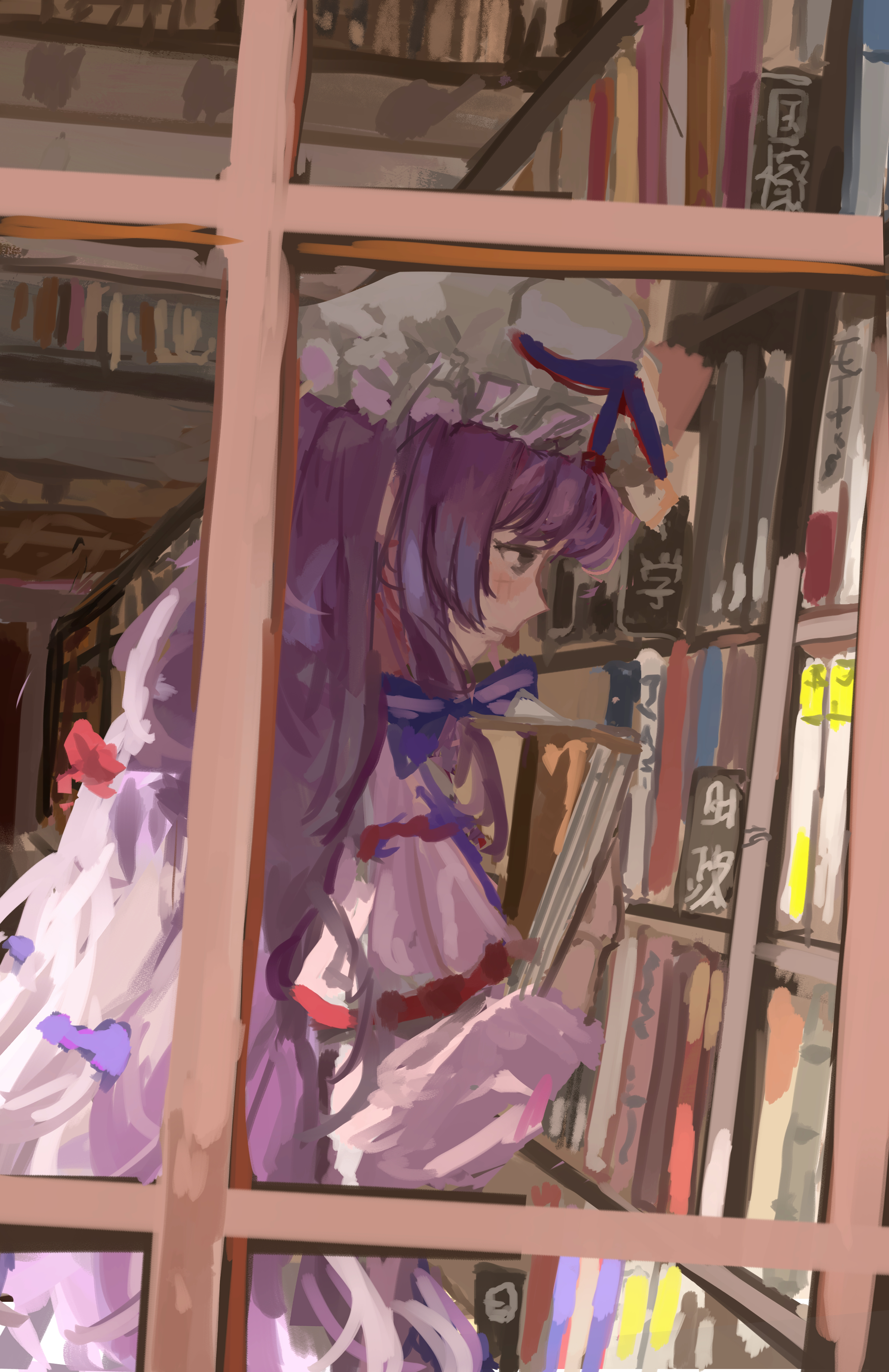vanilla flan, patchouli knowledge, touhou, absurdres, highres, 1girl, blue ribbon, book, bookshelf, dress, hair ribbon, hat, hat ornament, holding, holding book, indoors, library, long sleeves, mob cap, purple dress, purple eyes, purple hair, red ribbon, ribbon, sleeve ribbon, white hat, window