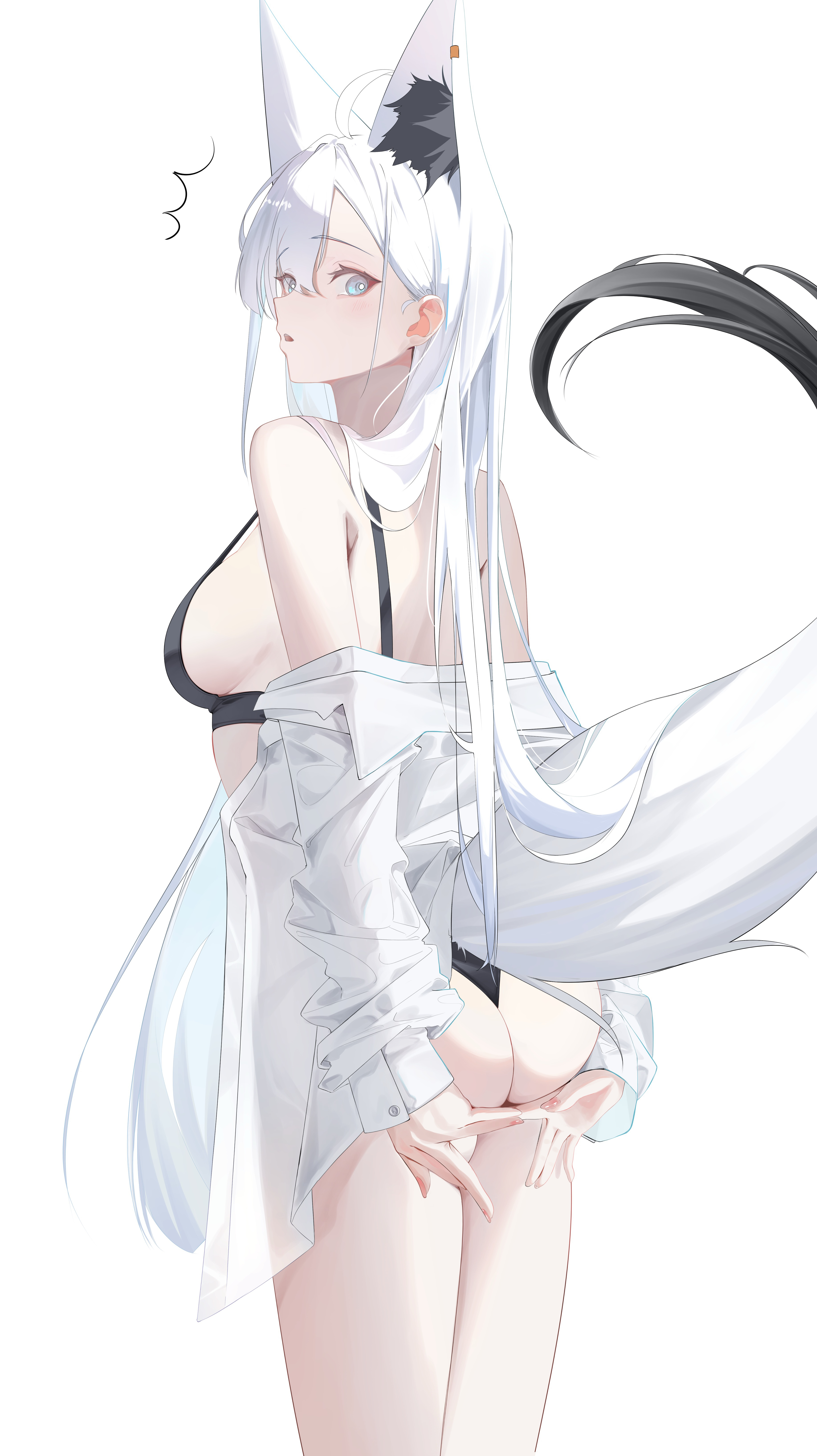 tanishi (hetianming11093), shirakami fubuki, hololive, absurdres, commentary request, highres, 1girl, animal ear piercing, animal ears, aqua eyes, ass, black bra, black panties, bra, breasts, fox ears, fox girl, fox tail, from behind, long hair, looking at viewer, looking back, medium breasts, panties, shirt, shirt partially removed, sideboob, sidelocks, simple background, solo, tail, underwear, very long hair, virtual youtuber, white background, white hair, white shirt