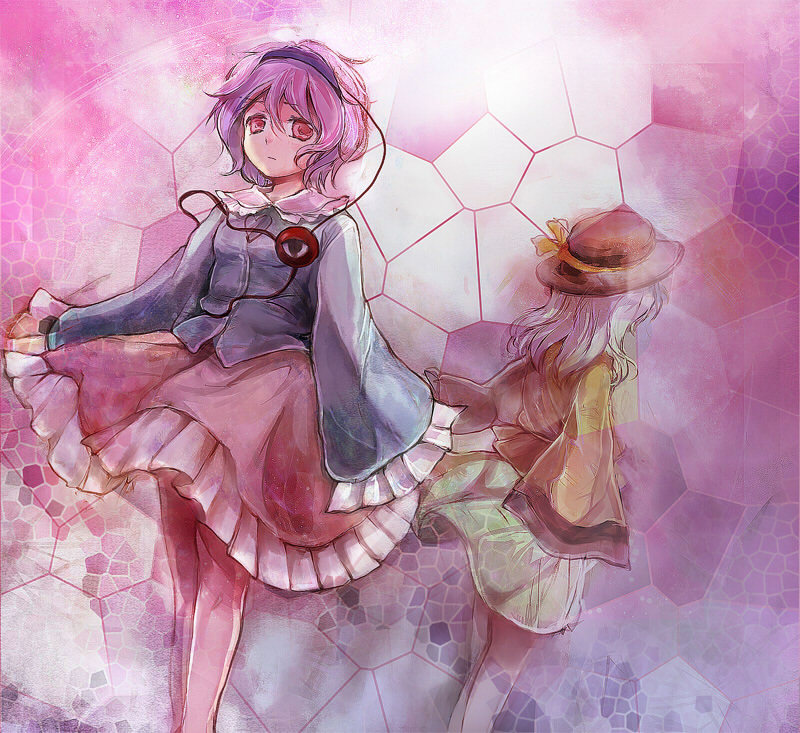 mathnote, komeiji koishi, komeiji satori, touhou, 2girls, female focus, green hair, hairband, hat, multiple girls, pink hair, red eyes, short hair, siblings, sisters, skirt