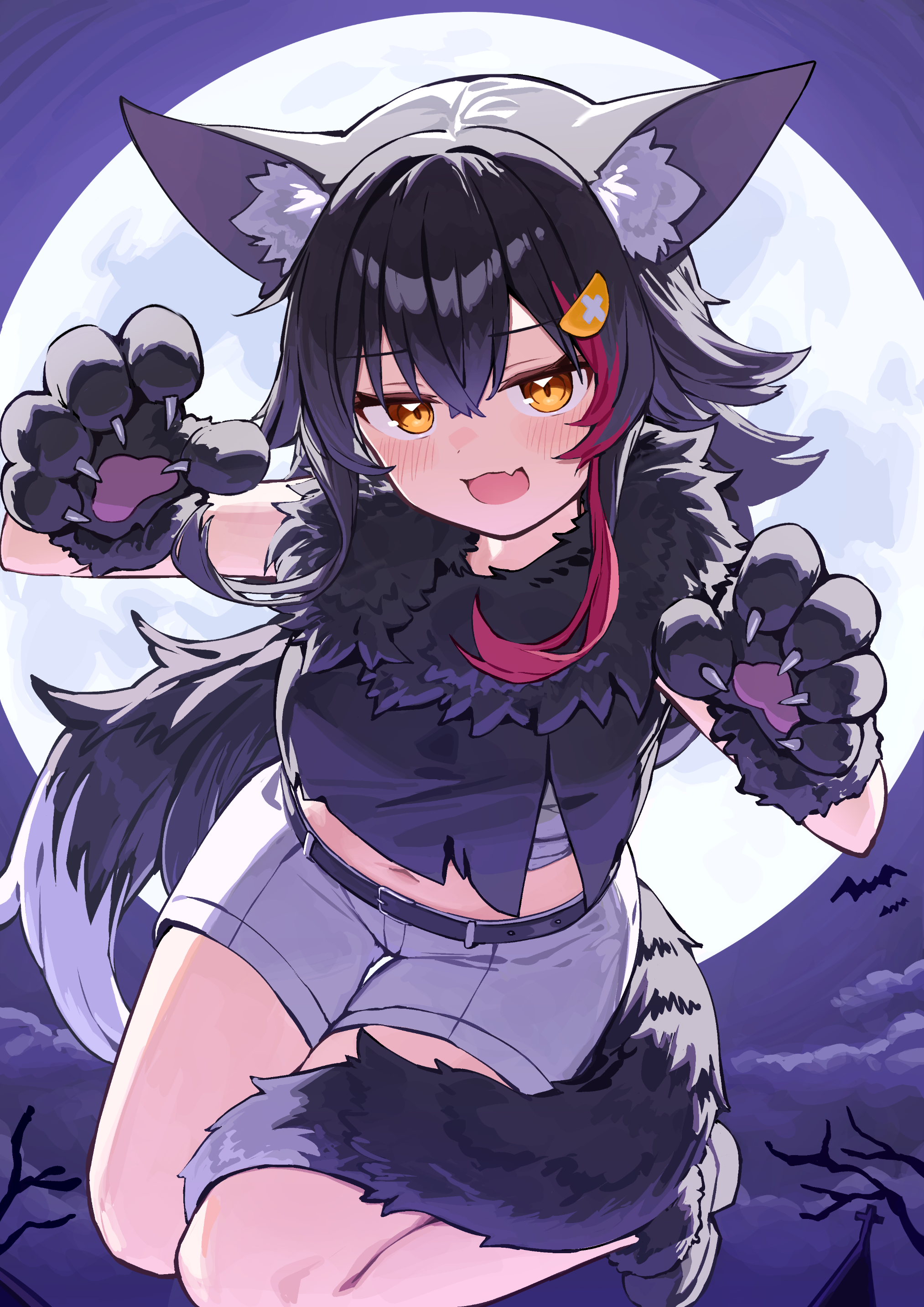 deaver, ookami mio, hololive, absurdres, commentary request, highres, 1girl, :d, animal ear fluff, animal ears, animal hands, black gloves, black hair, black shirt, black shoes, claw pose, cropped shirt, double-parted bangs, flipped hair, full moon, gloves, grey shorts, hair between eyes, hair ornament, hairclip, huge moon, long hair, looking at viewer, midriff, moon, multicolored hair, navel, night, open mouth, outdoors, paw gloves, red hair, shirt, shoes, shorts, sidelocks, sleeveless, sleeveless shirt, smile, solo, streaked hair, tail, tail around own leg, virtual youtuber, wolf ears, wolf girl, wolf tail, yellow eyes