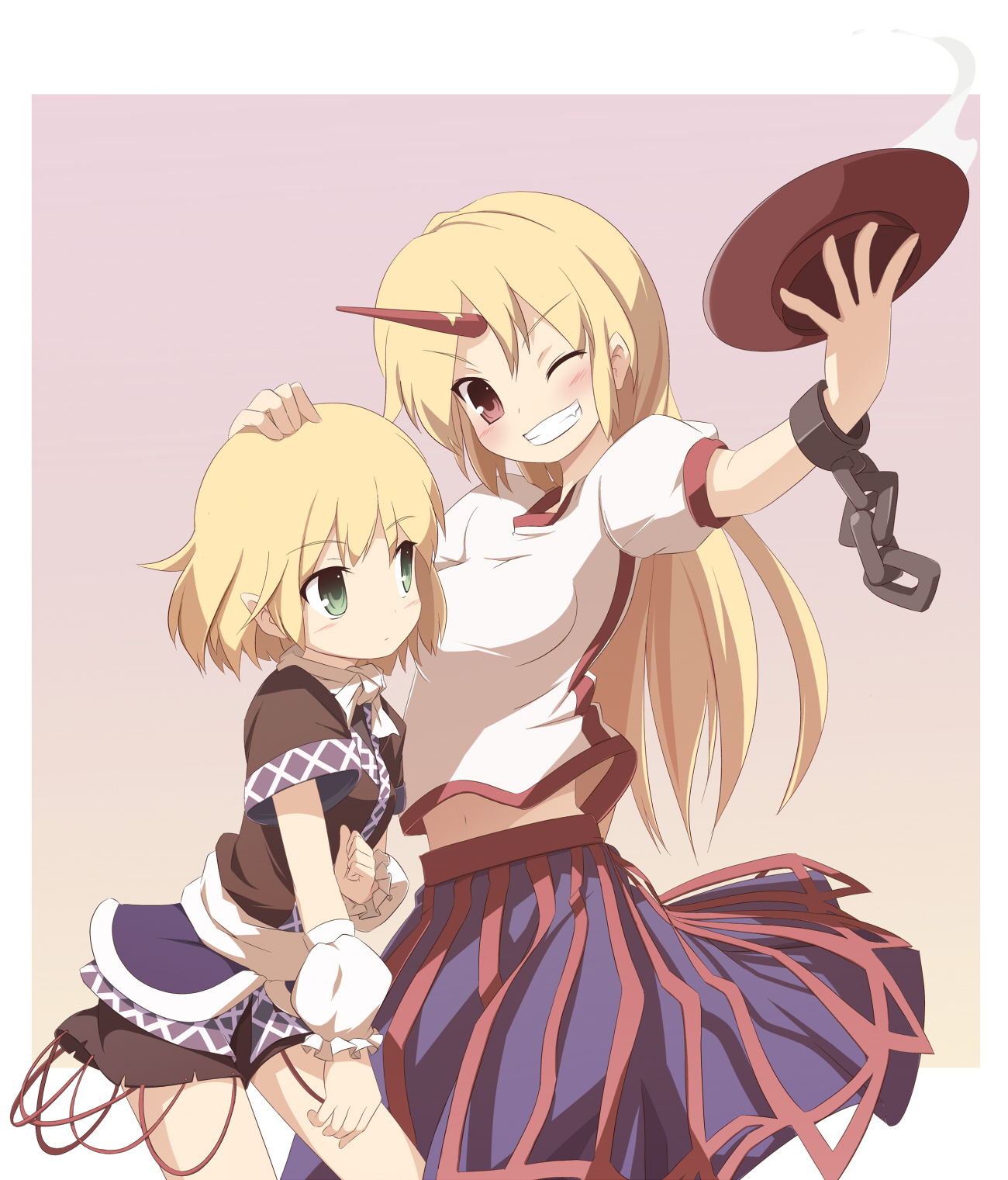 miko machi, hoshiguma yuugi, mizuhashi parsee, touhou, highres, 2girls, arm warmers, blonde hair, blush, chain, cuffs, cup, female focus, green eyes, handcuffs, horns, long hair, midriff, multiple girls, navel, one eye closed, pointy ears, red eyes, sakazuki, scarf, short hair, single horn, skirt, wink