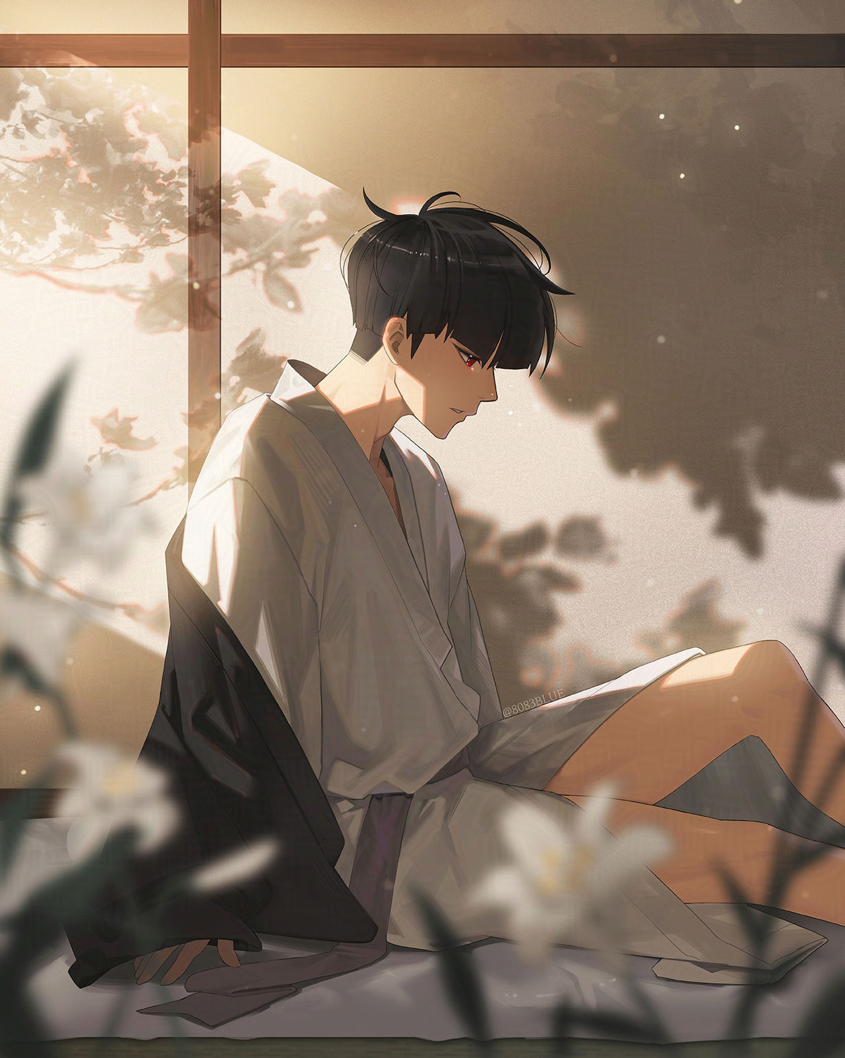 8083 blue, hoshina soshiro, kaijuu no. 8, white lily, commentary request, highres, 1boy, arm support, black hair, blurry, blurry foreground, from side, light particles, long sleeves, looking ahead, male focus, parted lips, shadow, short hair, sitting, solo