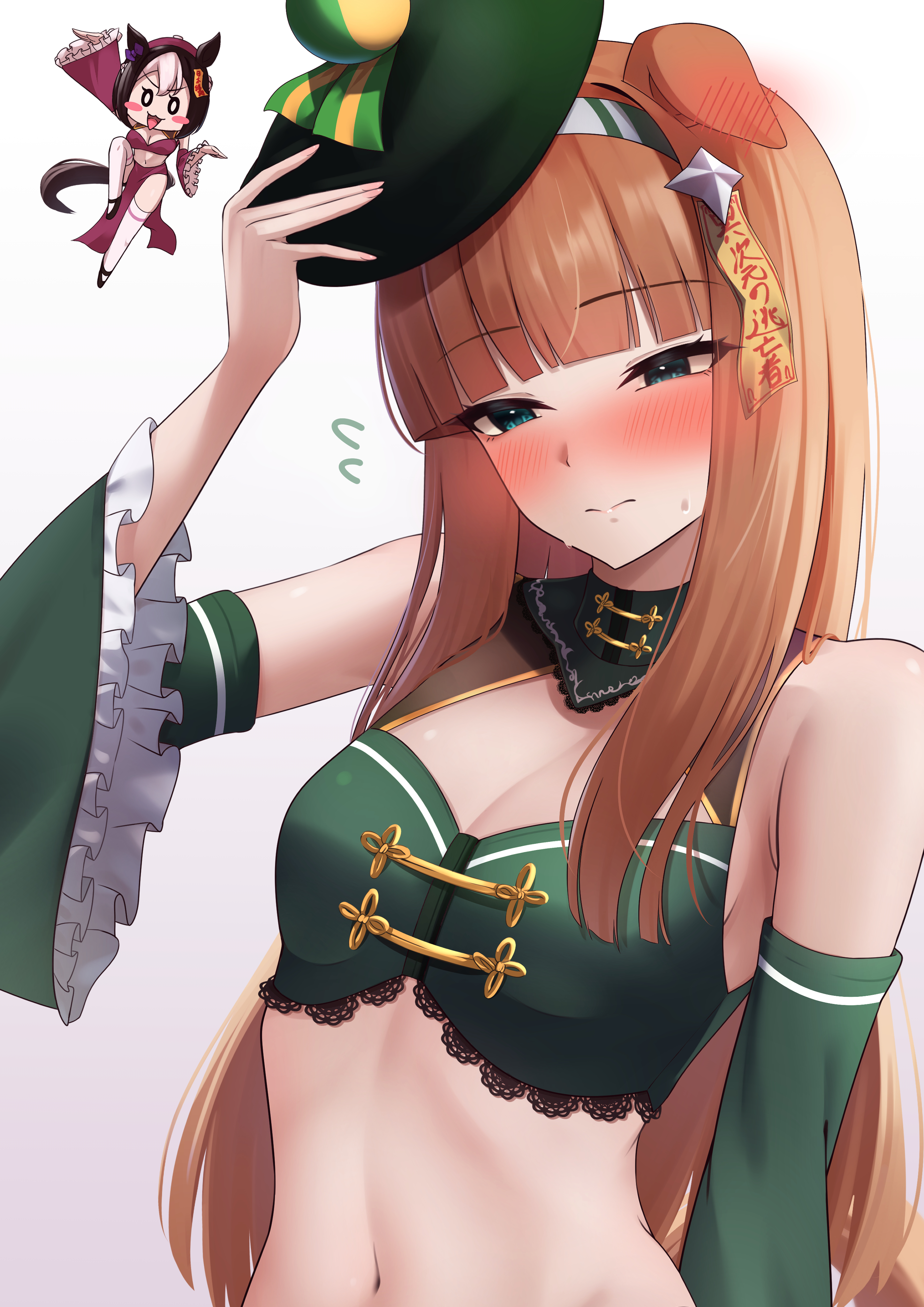 arugou, silence suzuka (umamusume), special week (umamusume), umamusume, absurdres, commentary request, highres, 2girls, alternate costume, animal ears, blush, breasts, china dress, chinese clothes, cleavage, detached sleeves, dress, gradient background, green eyes, green sleeves, grey background, hairband, horse ears, horse girl, long hair, multiple girls, orange hair, small breasts, white hairband