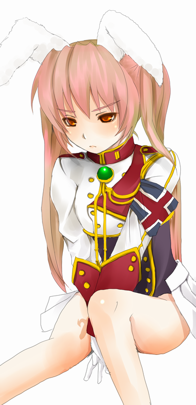 ama on (mia), mia (artist), mia (pixiv), chiester45, umineko no naku koro ni, uniform, long image, tall image, 00s, 1girl, animal ears, blush, female focus, gloves, long hair, pink hair, rabbit ears, red eyes, sad, showgirl skirt, sitting, solo, twintails