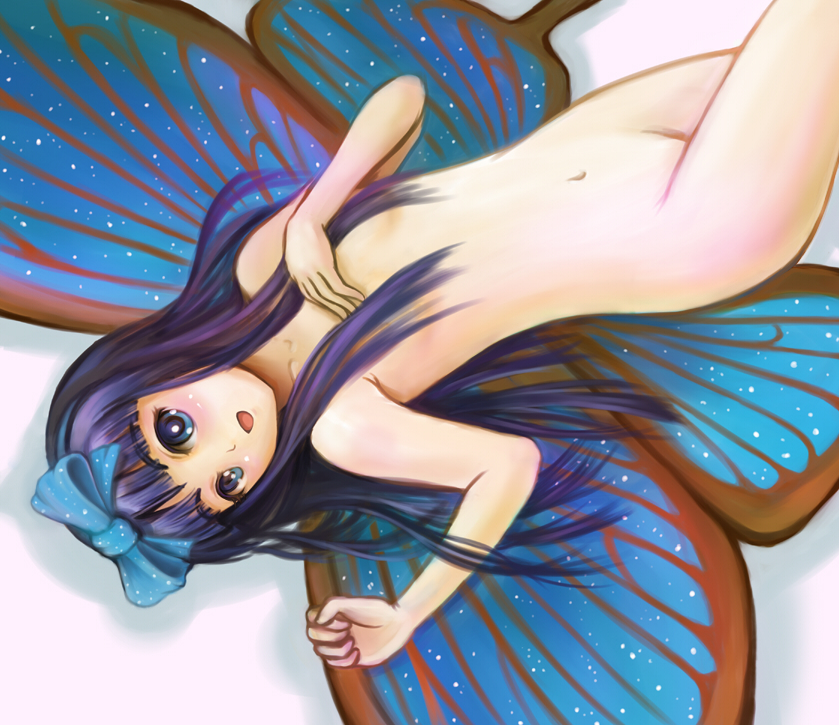 sai-go, star sapphire, eastern and little nature deity, touhou, touhou sangetsusei, 1girl, blue eyes, blush, butterfly wings, fairy, female focus, flat chest, hair ribbon, hime cut, insect wings, long hair, lying, nude, purple hair, ribbon, solo, wings