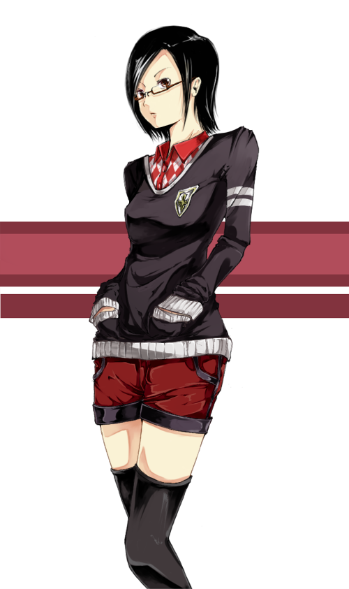 sousou (sousouworks), original, black hair, glasses, short hair, shorts, solo, thighhighs