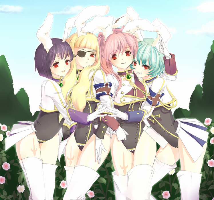 ama on (mia), mia (artist), mia (pixiv), chiester00, chiester410, chiester45, chiester556, chiester sisters, umineko no naku koro ni, uniform, 00s, 4girls, animal ears, black hair, blonde hair, blue hair, eyepatch, multiple girls, pink hair, rabbit ears, showgirl skirt, thighhighs