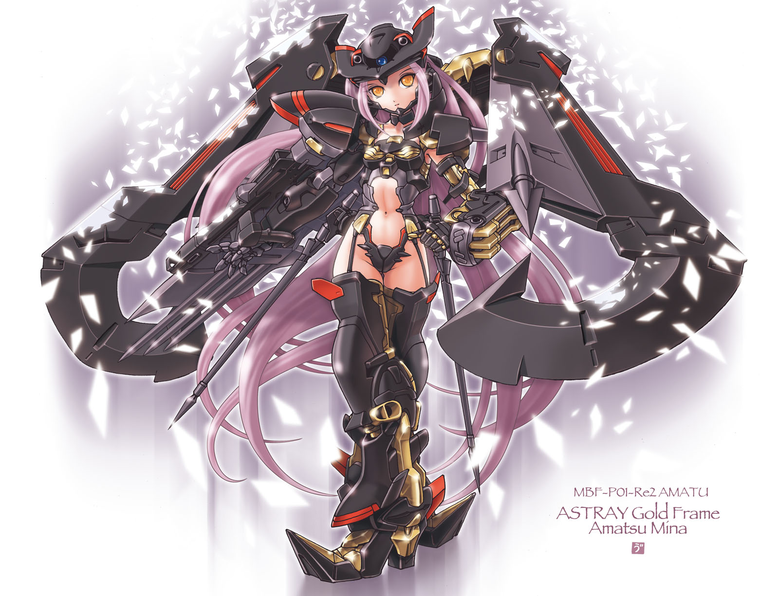 uni tenten, gundam astray gold frame amatsu, gundam astray gold frame amatsu mina custom, gundam, gundam seed, gundam seed astray, highres, 00s, 1girl, female focus, long hair, mecha musume, midriff, navel, purple hair, solo, very long hair, yellow eyes