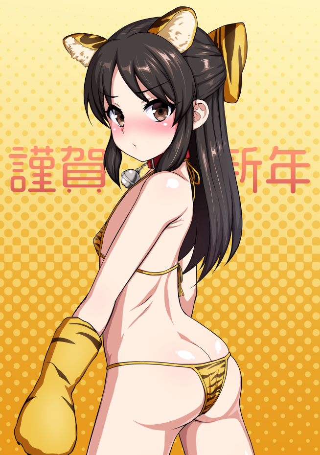 hadacra, tachibana arisu, idolmaster, idolmaster cinderella girls, 1girl, animal collar, animal ears, animal print, ass, bare shoulders, bell, bikini, blush, bow, breasts, brown eyes, brown hair, butt crack, closed mouth, collar, cowboy shot, dotted background, embarrassed, from side, gloves, hair bow, half updo, happy new year, jingle bell, long hair, looking at viewer, micro bikini, neck bell, new year, nose blush, print bikini, print gloves, red collar, sidelocks, small breasts, solo, straight hair, string bikini, swimsuit, tiger ears, tiger print, twisted torso, v-shaped eyebrows, yellow background, yellow gloves