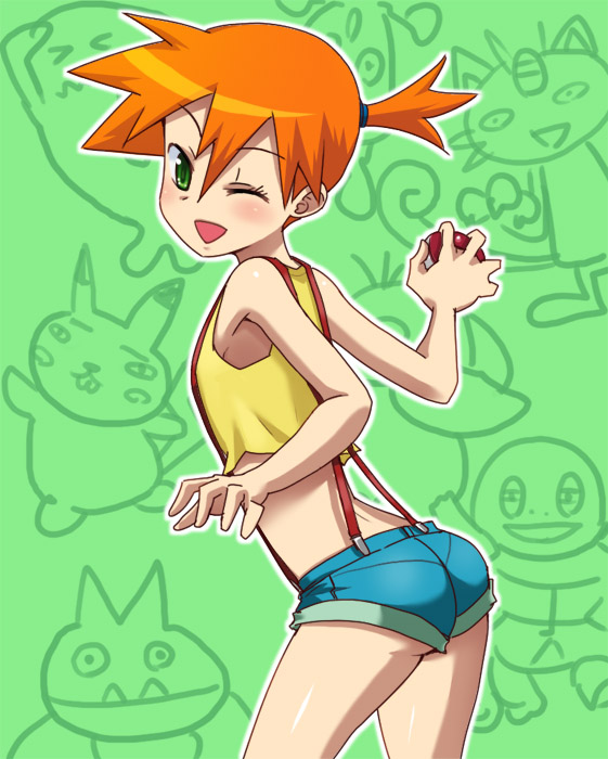 hashi, bonsly, meowth, misty (pokemon), munchlax, pikachu, psyduck, squirtle, wobbuffet, nintendo, pokemon, pokemon (anime), bad id, bad pixiv id, 1girl, ass, cameo, female focus, gen 1 pokemon, gen 2 pokemon, gen 4 pokemon, green eyes, holding, holding poke ball, looking back, one eye closed, orange hair, poke ball, poke ball (basic), pokemon (creature), shorts, side ponytail, smile, solo, suspenders, tank top, wink